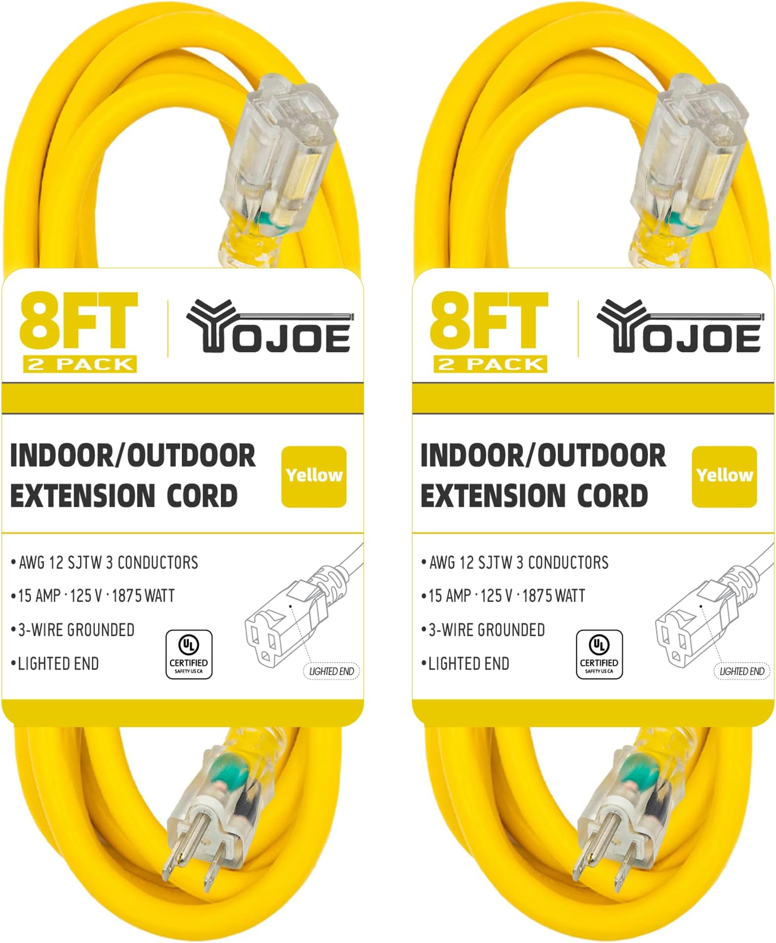YOJOE 2 Pack 8 Foot Yellow Extension Cord, Lighted Outdoor 12/3 Cord, 12 Gauge 3