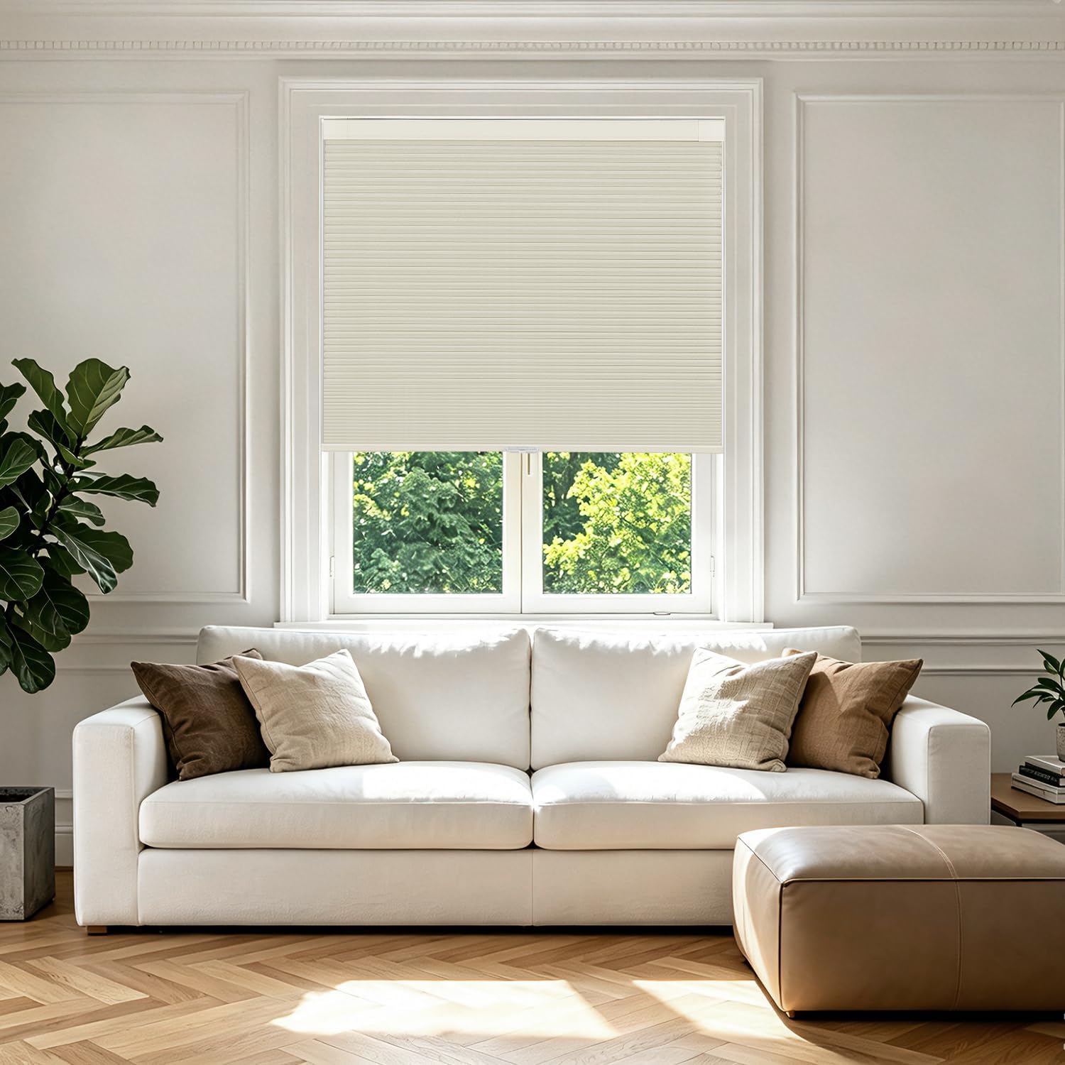 AOSKY No Drill Cordless Blackout Cellular Shades, 28" W x 64" H, Beige