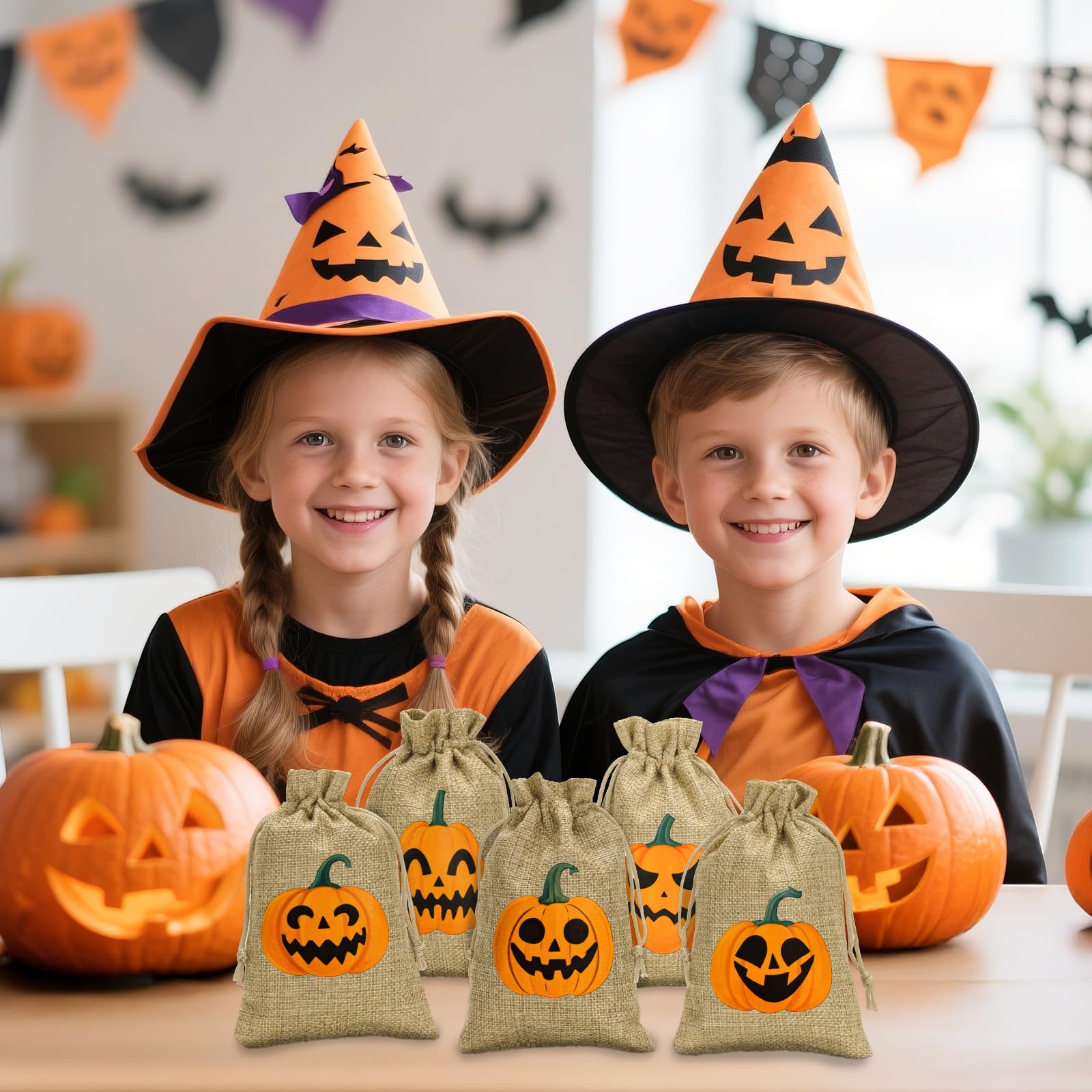 G2PLUS 24PCS Halloween Burlap Gift Bags, 10x15cm Treat Bags with Ghost Tags, Pumpkin, 10 x 15 cm - Image 8