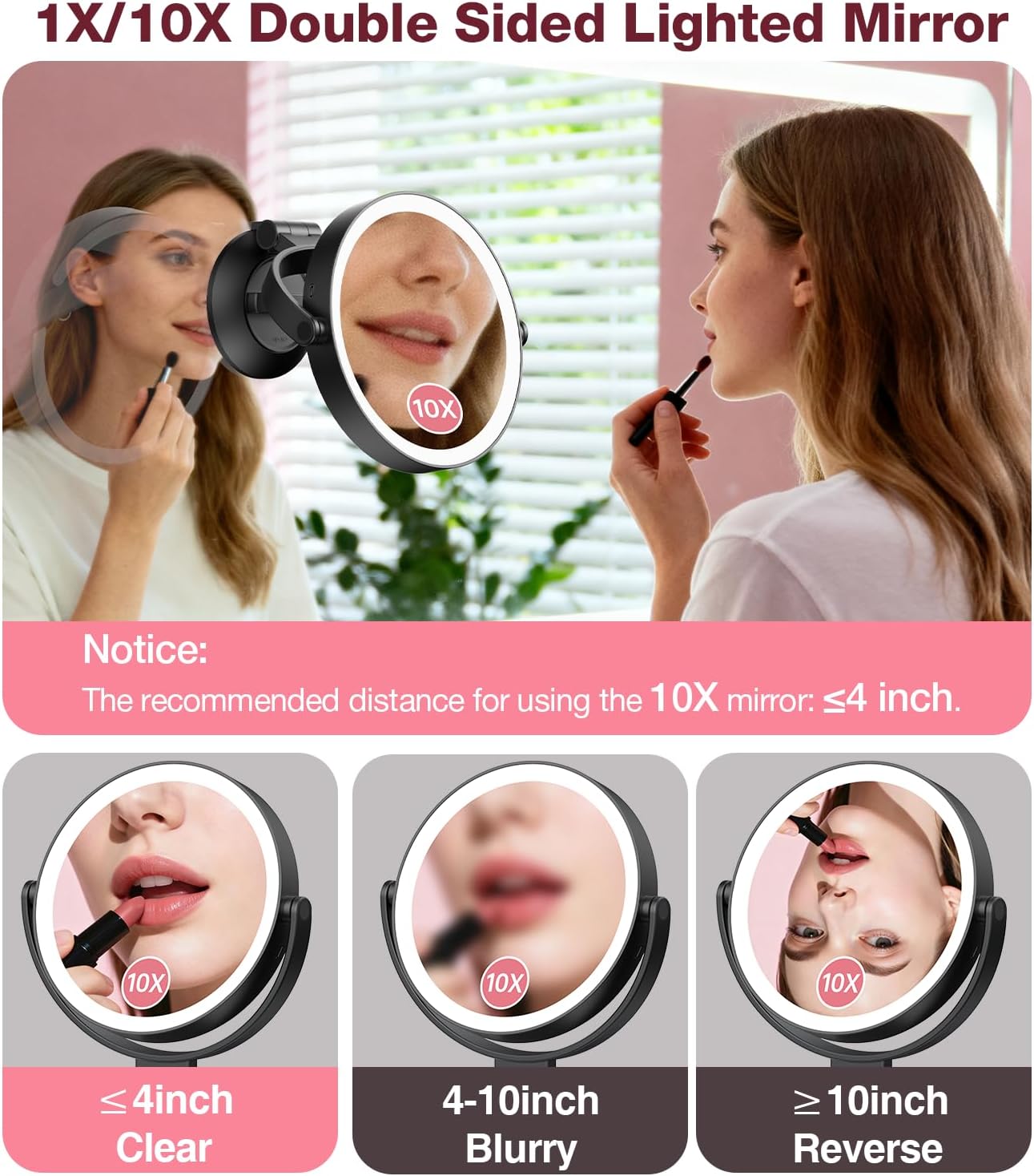 Benbilry Suction Cup Magnifying Mirror with Light 10X, Wall Mounted Makeup Mirror with Suction Cup for Bathroom, 3 Color Lights and Adjustable Brightness, 2 in 1 Tabletop for Desk - Black