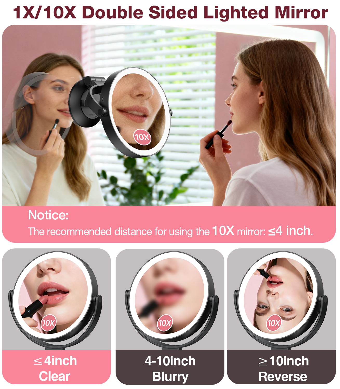 Benbilry Espejo de aumento con ventosa con luz 10X, espejo de maquillaje montado en la pared con ventosa para baño, 3 luces de color y brillo ajustable, mesa 2 en 1 para escritorio, color negro