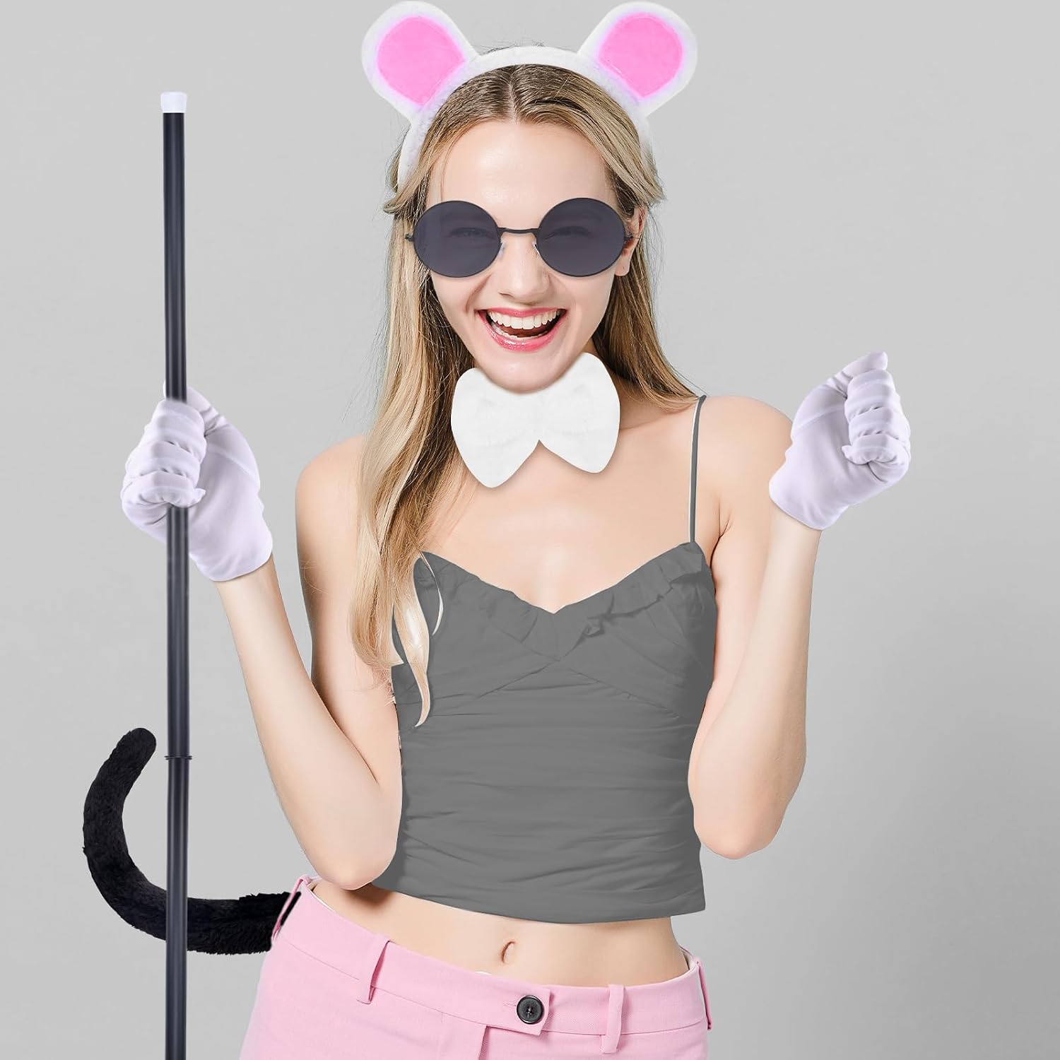 18 Pcs Halloween Mouse Costume Accessories Set, Mouse Headbands Ears Blind Cane Bow Tie Tail White Gloves Round Sunglasses