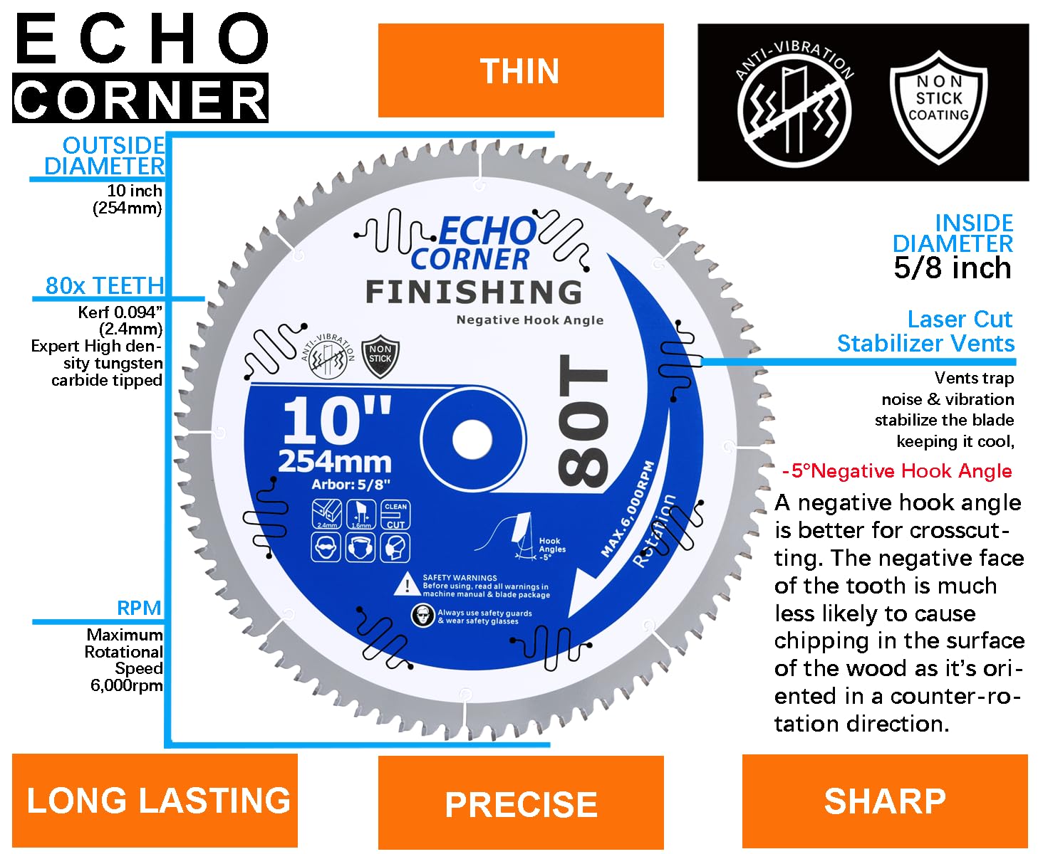 10 Inch Fine Finish Sliding Compound/Radial Arm Miter Saw Blade 80-Tooth, (-5°) Negative Hook Angle, 5/8" Arbor