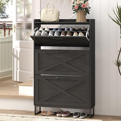 Miniatura 29 de Maupvit Gabinete de Almacenamiento de Zapatos con 3 Cajones Abatibles, Organizador Independiente con Patas de Metal para Entrada, Gabinete Estante