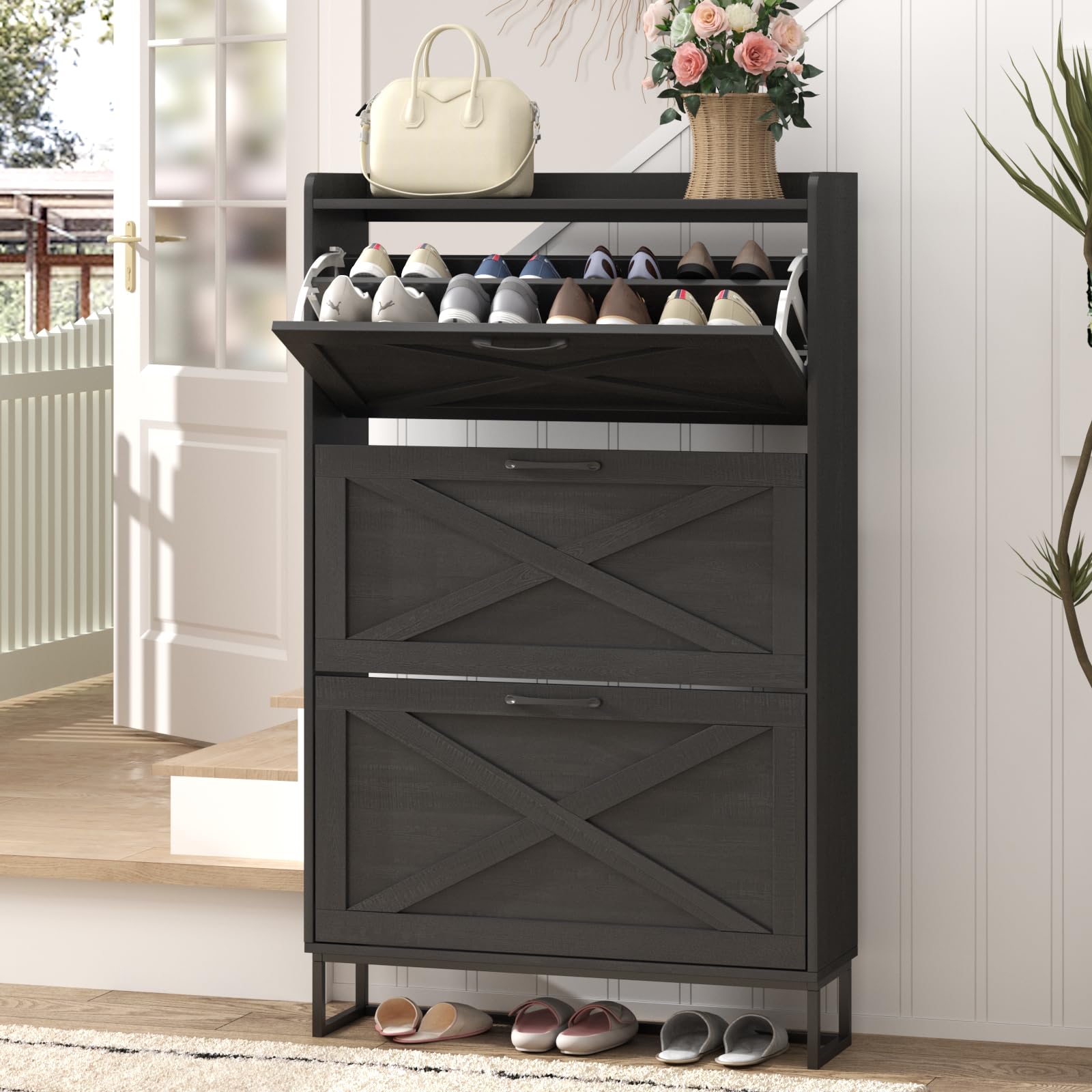 Maupvit Shoe Storage Cabinet with 3 Flip Drawers, Freestanding Organizer with Metal Legs for Entryway, Narrow Shoe Rack Cabinet, Black