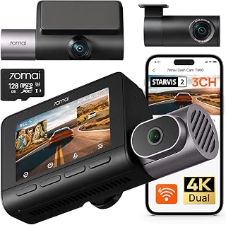 70mai Dash Cam 4K T800 3 Canali Dual 4K+1080P, HDR Dual STARVIS 2 con 128GB