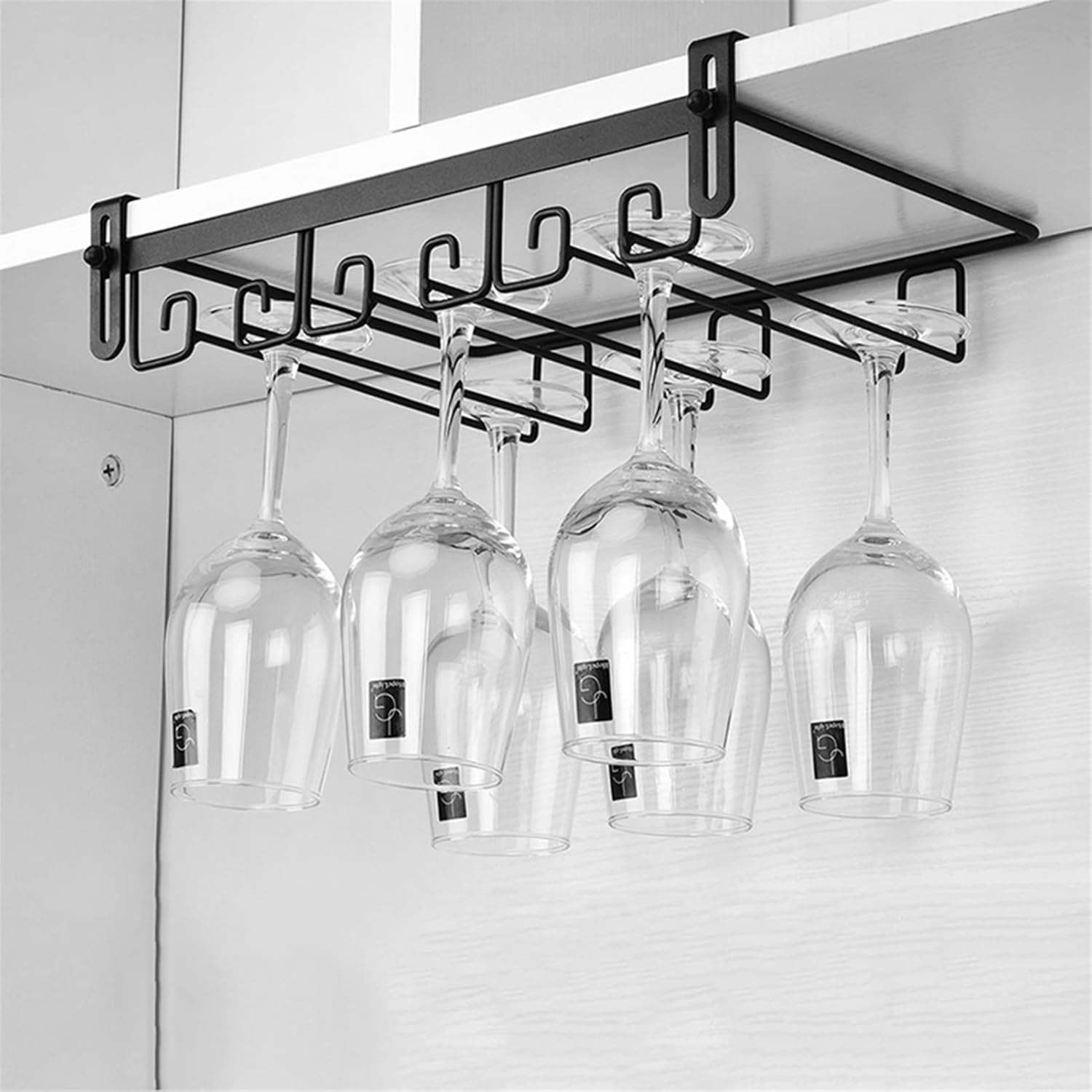 Cup Storage Holder,Adjustable Under Cabinet Wine Glass Rack, Wall Mounted Stemware Holder, Metal Organizer for Kitchen & Home Bar, Stores 4-10 Glasses, Space-Saving Desig,