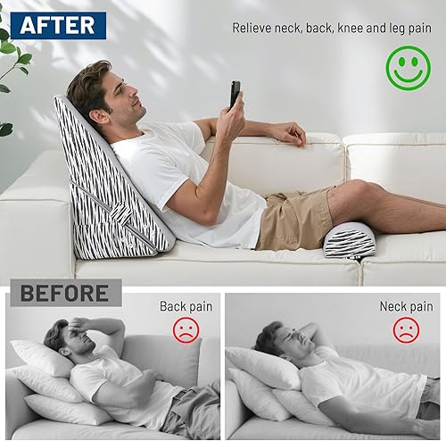 Miniatura 6 de Lewondr Almohada de cuña para después de la cirugía, almohada de cuña ajustable para cabecera con bolsillos laterales para dormir, ronquidos, dolor