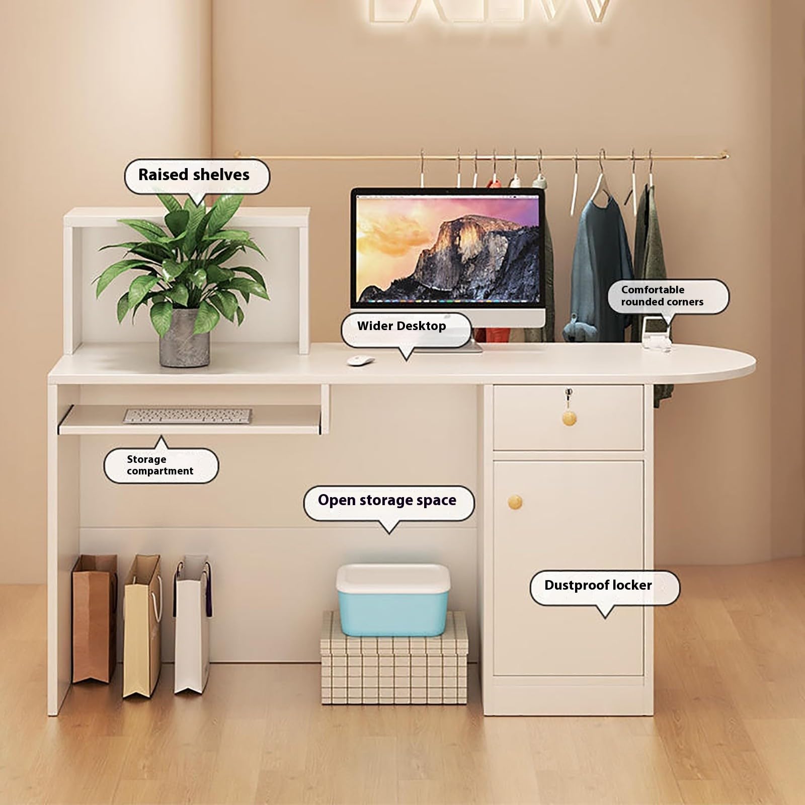 Scrivania per reception con cassetti, bancone angolare per saloni di bellezza e ufficio, postazione di lavoro per computer, reception moderna