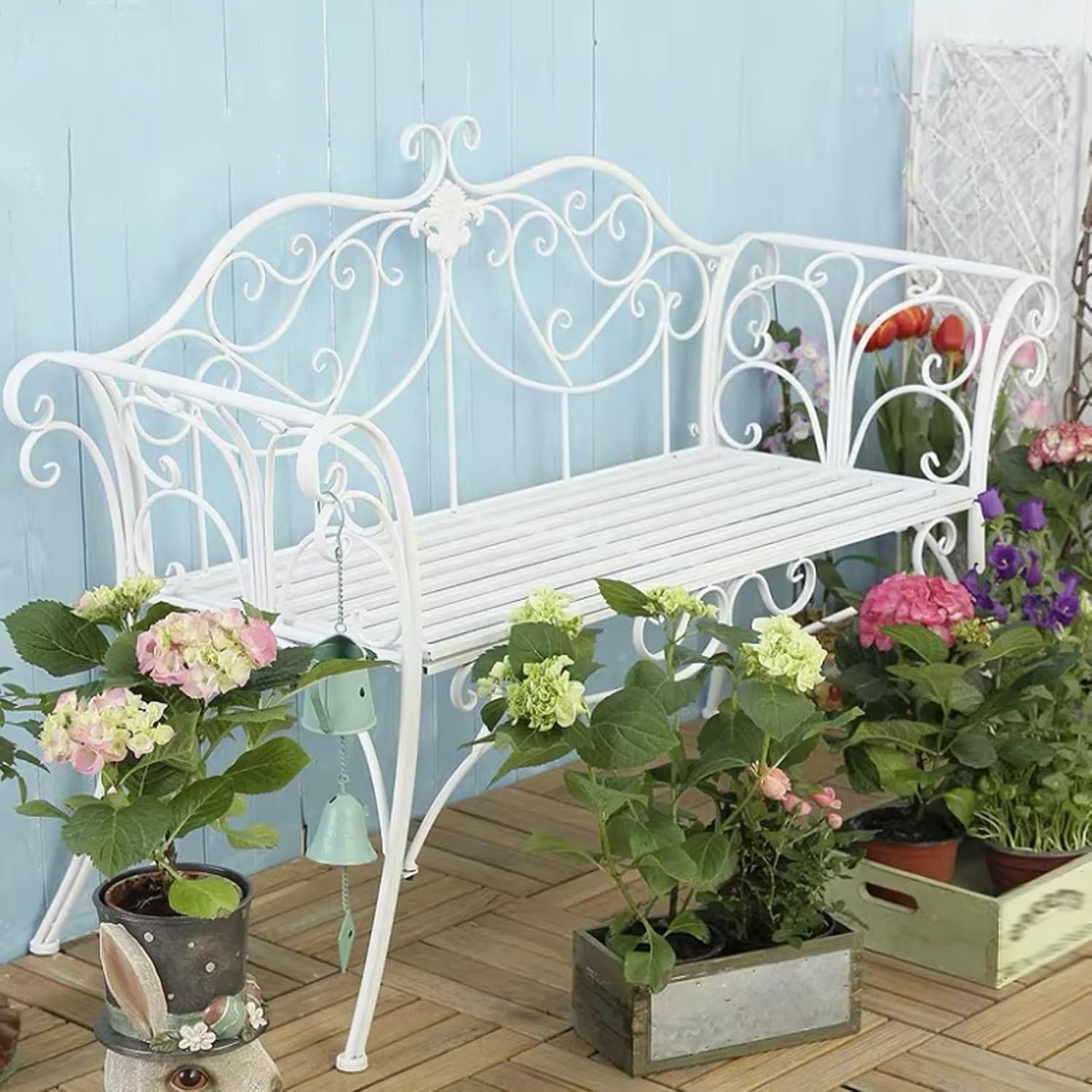 Garden Bench, Park Bench, Patio Outdoor Garden Bench, Front Porch Decor, Metal Bench with Backrest and Armrests, for Porch, Patio, Garden, Lawn, Balcony, Backyard and Indoor(Green)