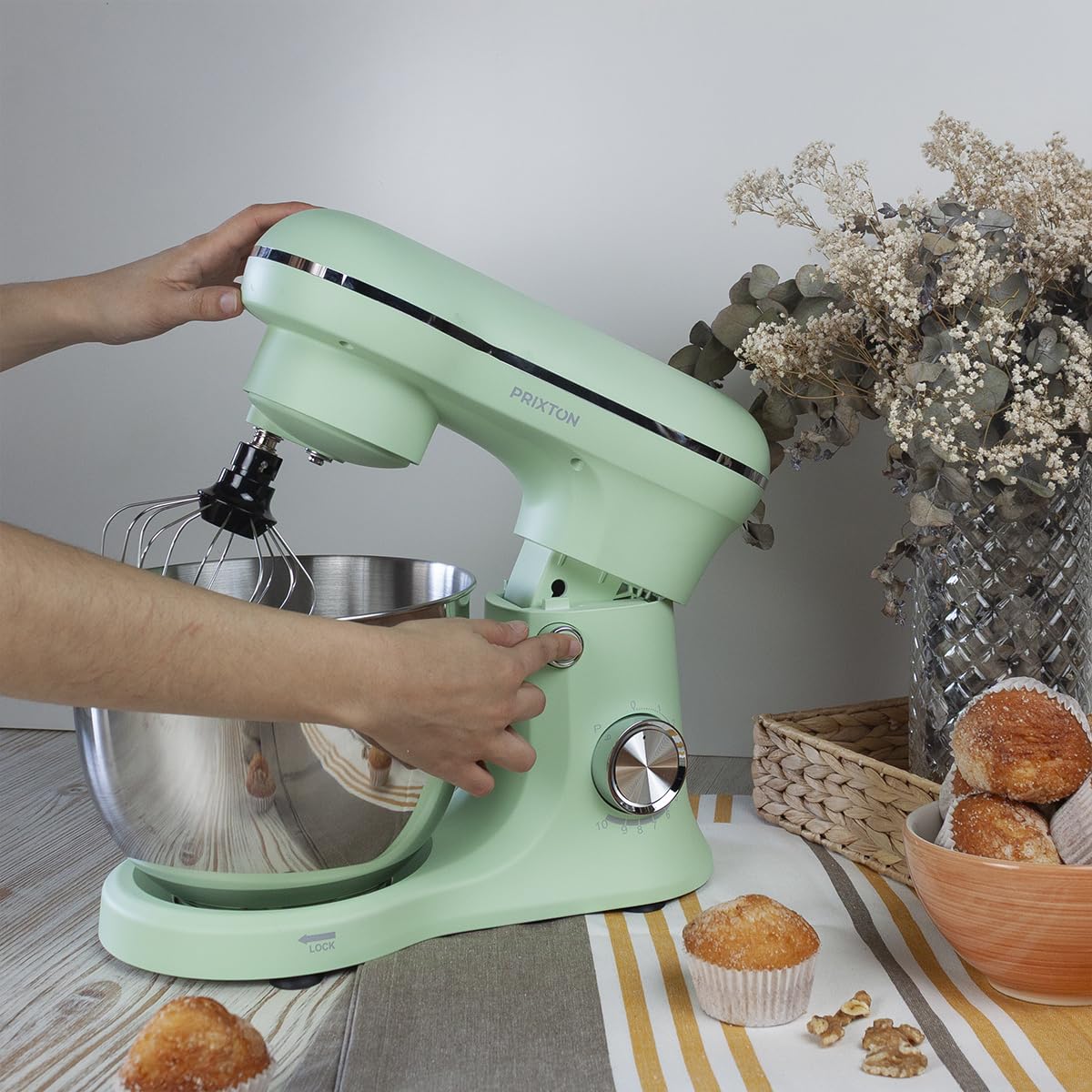 PRIXTON Batidora Amasadora KR250 para Repostería, Potencia 1500W, 10 Velocidades, Bol Acero Inoxidable de 5 litros, 3 accesorios, Tapa Transparente, Color Verde Mint Mate (Reacondicionado)