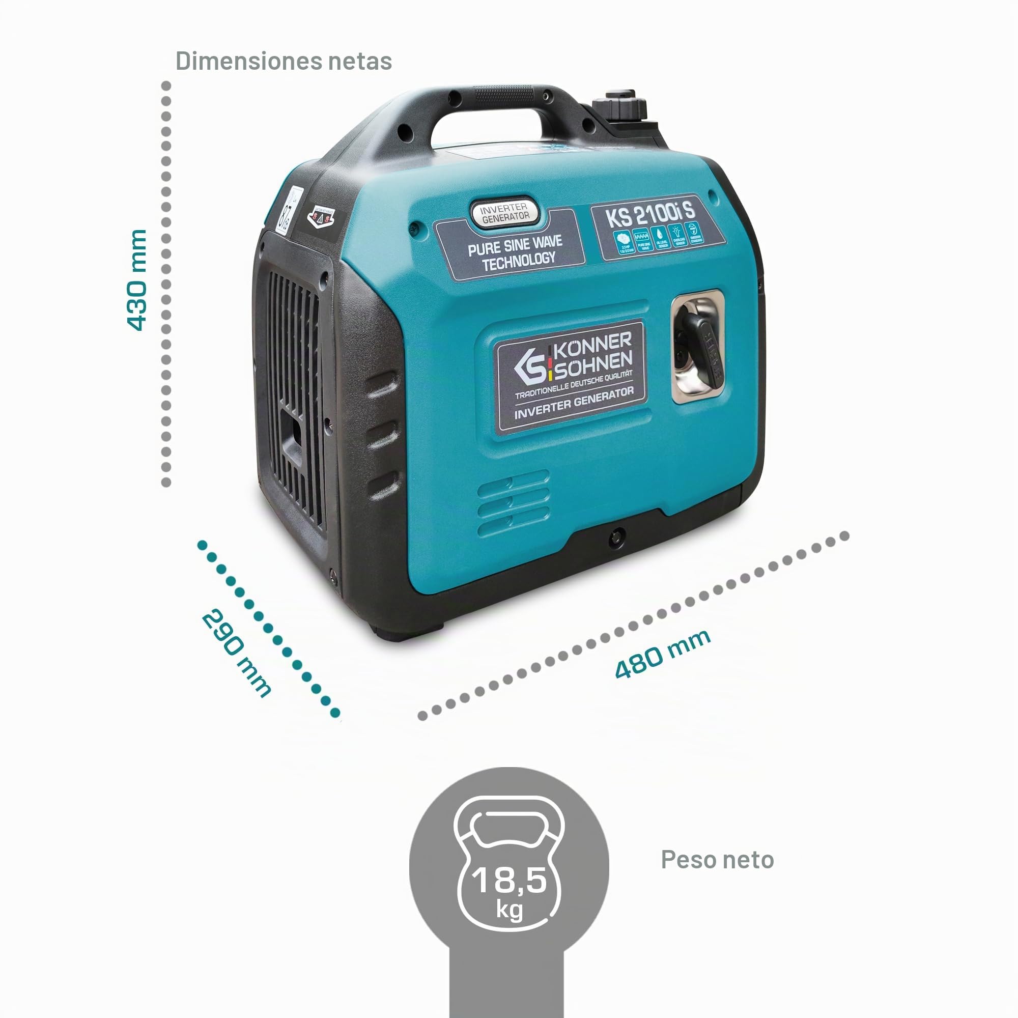Generador inverter KS 2100i S de Könner & Söhnen Generador de energía de gasolina 2000 W, enchufe Schuko de 230 V, 2 puertos USB, indicador LED, modo ECO, bobinas de cobre, EURO V