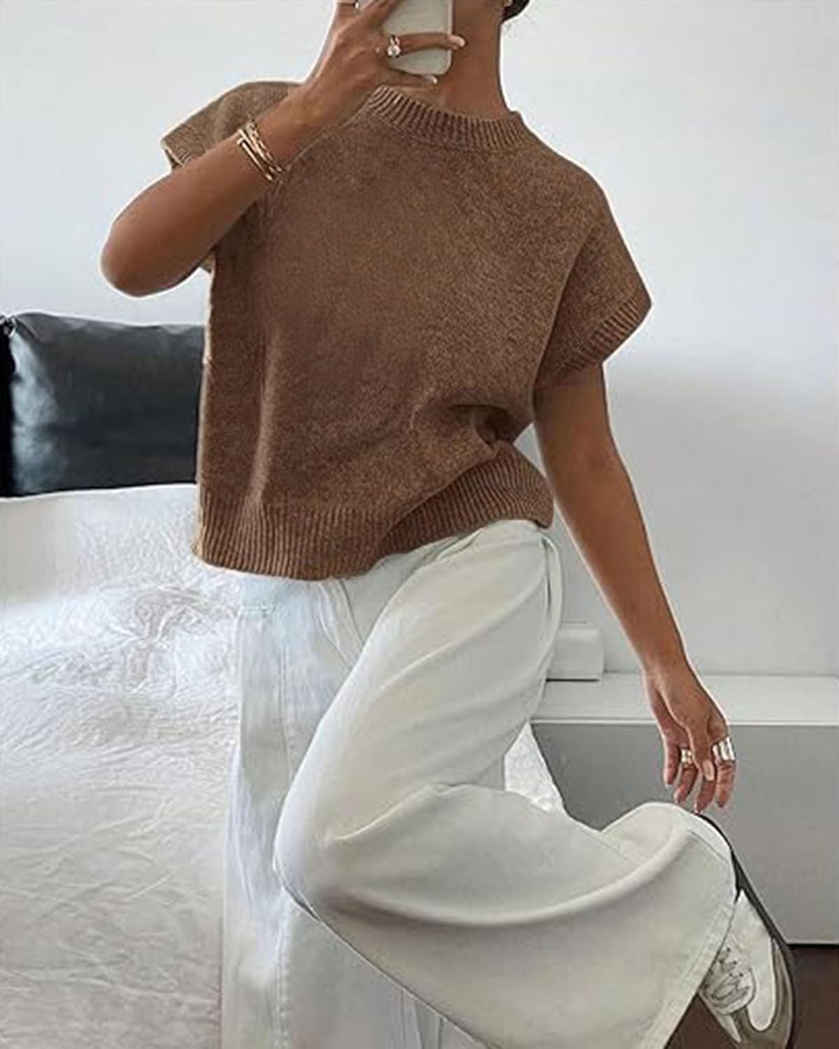 Short Sleeve Sweater for Women Ribbed Crew Neck Loose Fit Knit Pullover Tops - Image 5