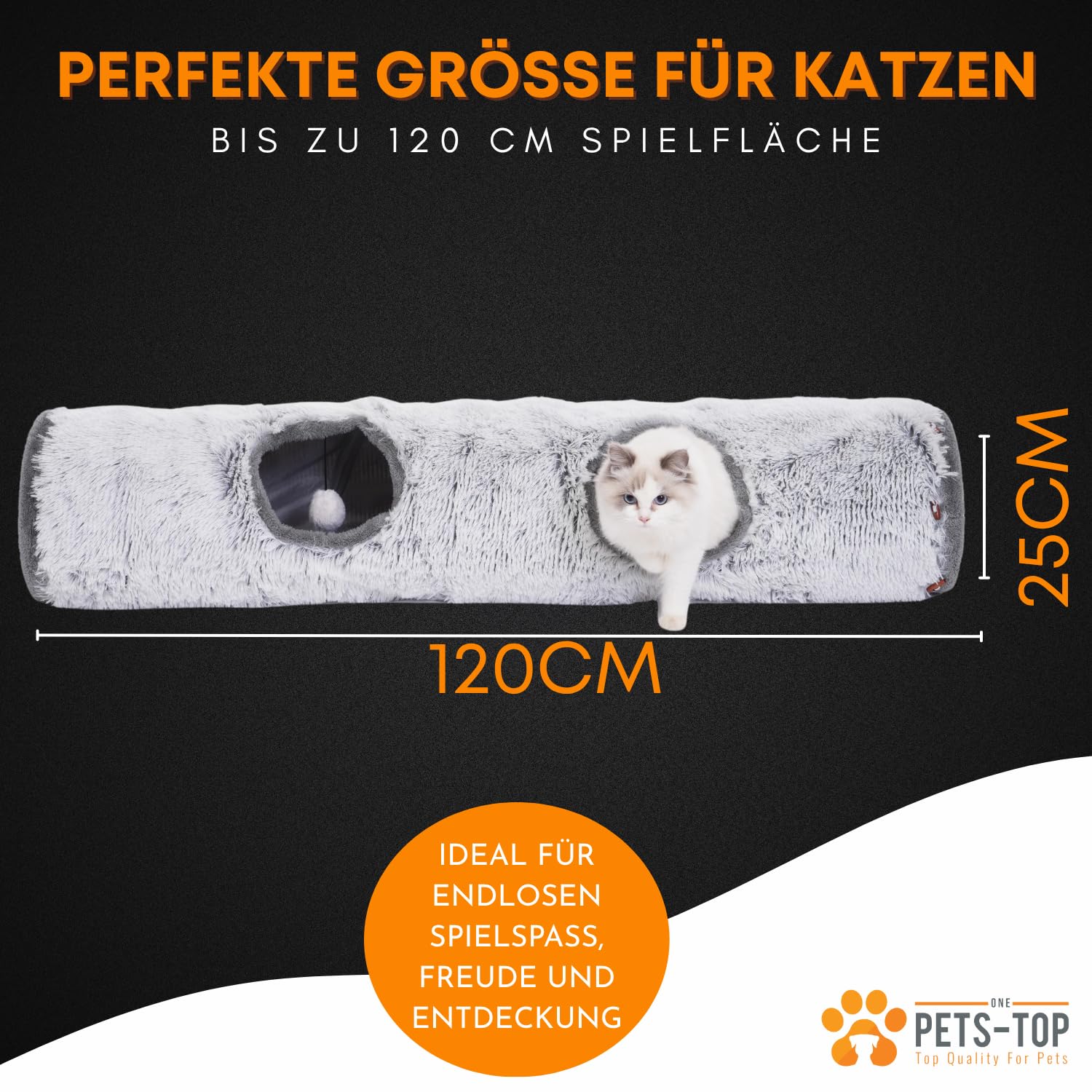 One PETS-TOP Katzentunnel XXL – Katzentunnel Große Katzen – Rascheltunnel für Katzen – Interaktives Katzenspielzeug für drinnen – aus weichem Plüsch