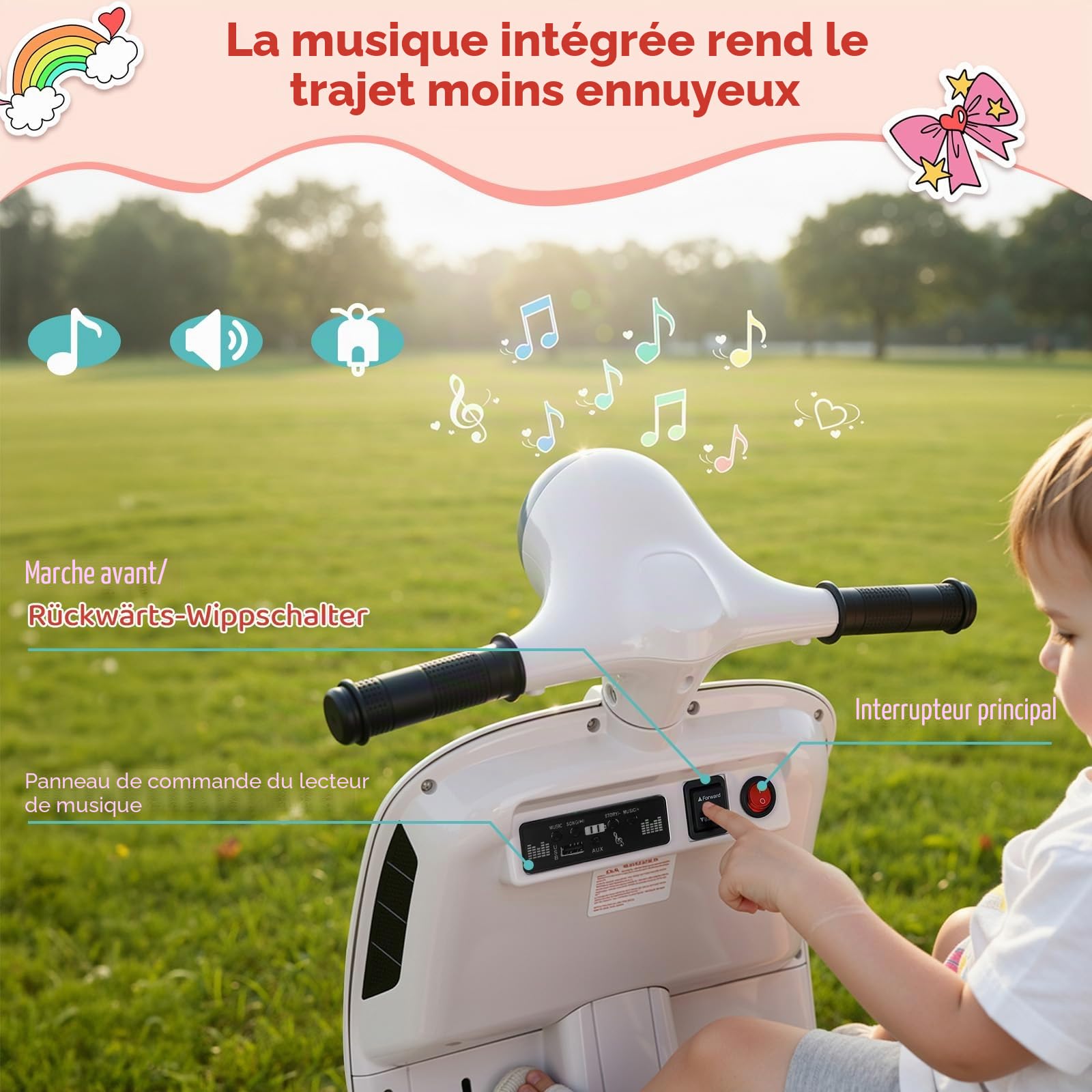 MAMIZO Moto Électrique pour Enfants 6V, Moto Électrique à 3 Roues, Marche Avant et arrière, avec Dossier, Phare, USB, pédale, Musique, 72 x 56 x 37 cm, 2km/h, Max 20kg, pour Enfants de 3-6 Ans, Blanc