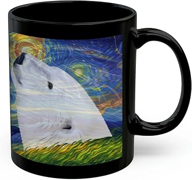 Whimsical Swirl Night Sky Portrait - Polar Bear Coffee Mug 11oz Black Ceramic Cup - Impressionist Animal Artwork Print Gifts for Bear Lovers