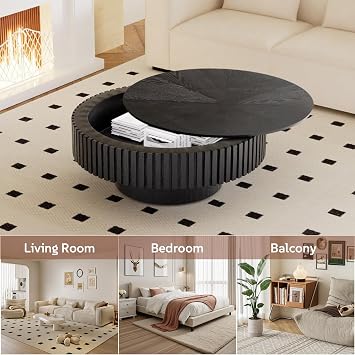 Round Coffee Table with Storage, Round Drum Fluted Coffee Table Black 80cm