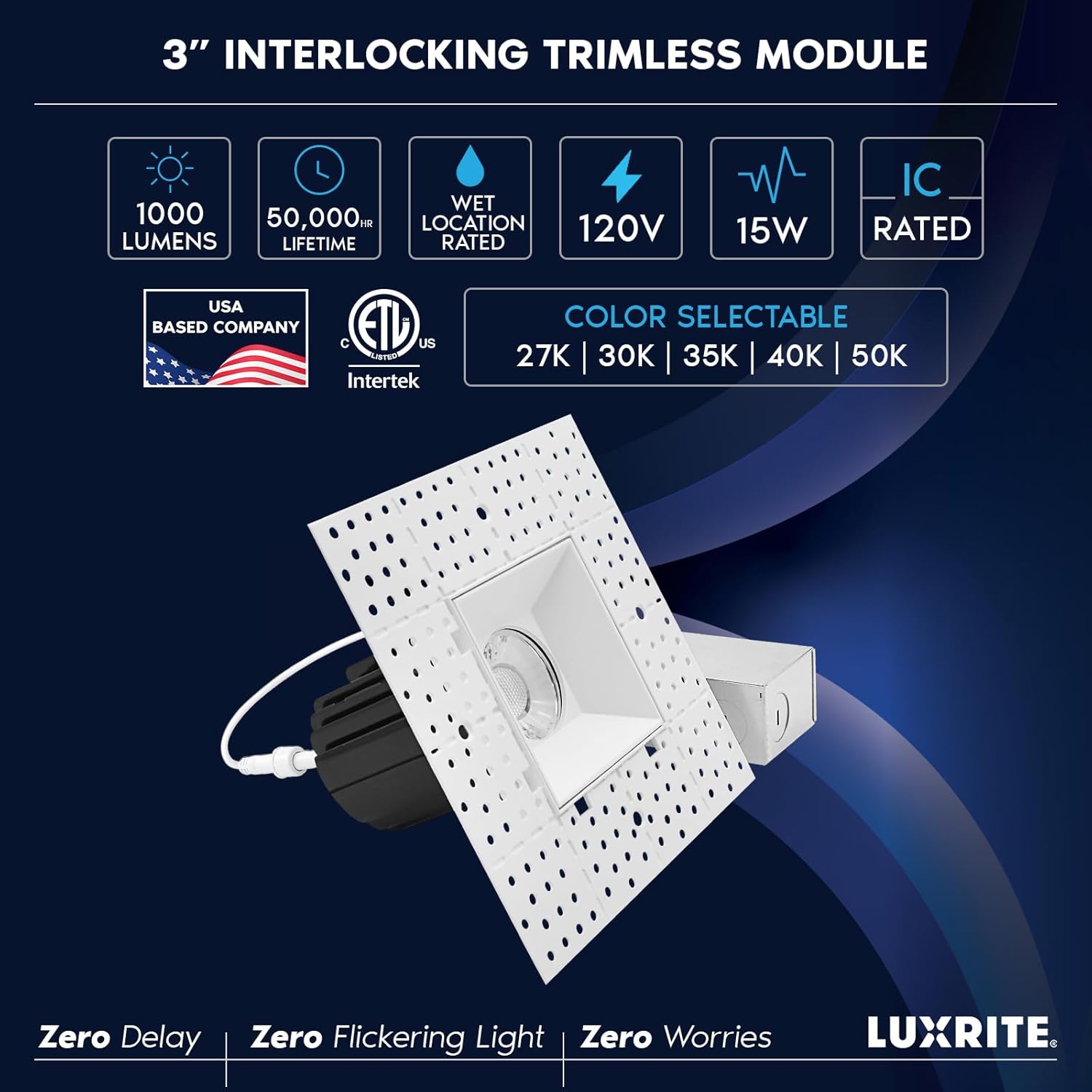 LUXRITE 3 Inch LED Recessed Trimless Spotlight with JBox, Twist N' Lock & Interlocking Trim, 5CCT 2700K-5000K, 15W, 1000LM, CRI90, 38° Beam Angle, Dimmable, IC Rated, Wet Rated, ETL, White