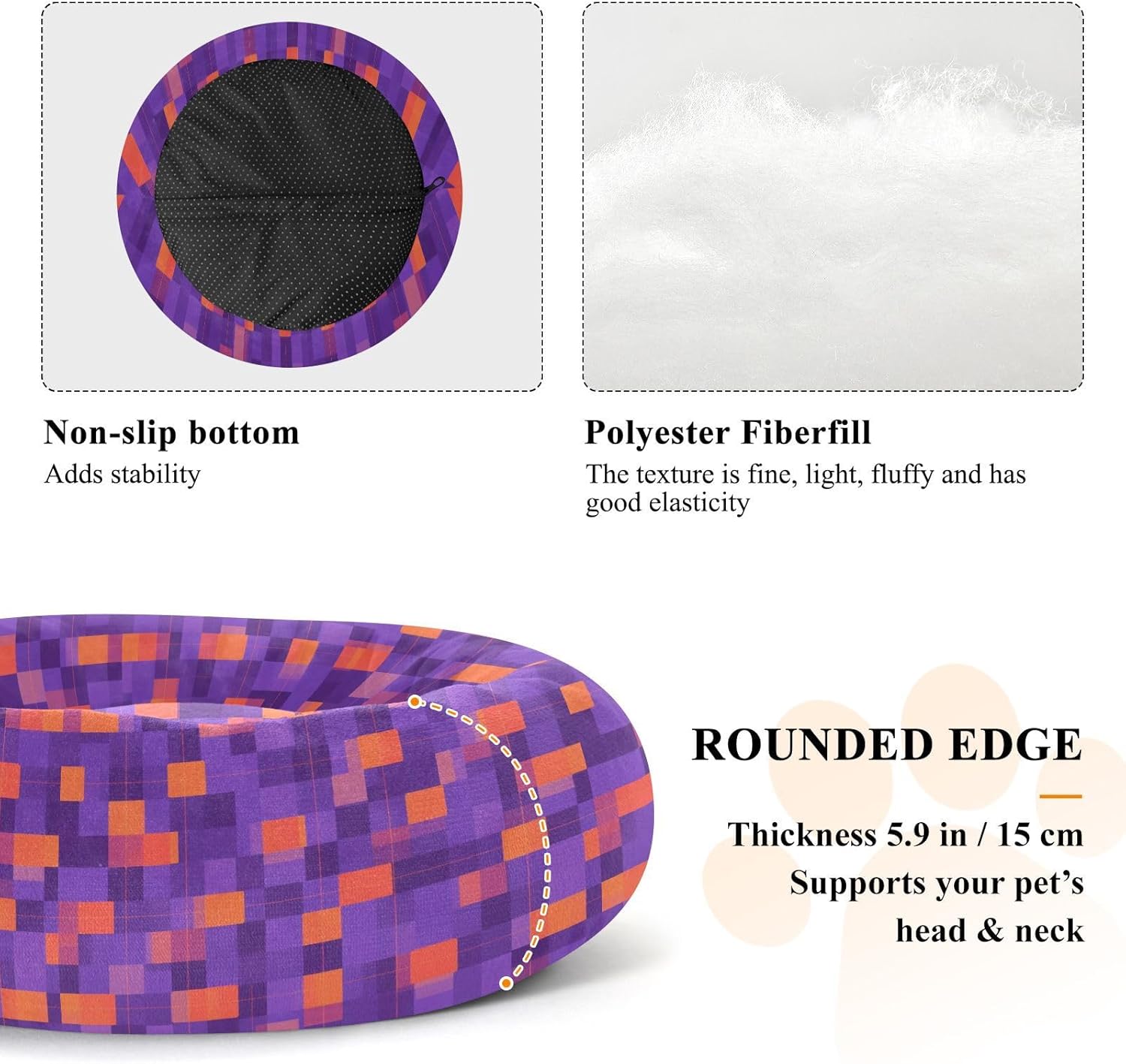Pet Dog Beds Donut Cuddler Fluffy Cat Pillow Bed for Medium Size Pets Sleeping M Purple Orange Checkered