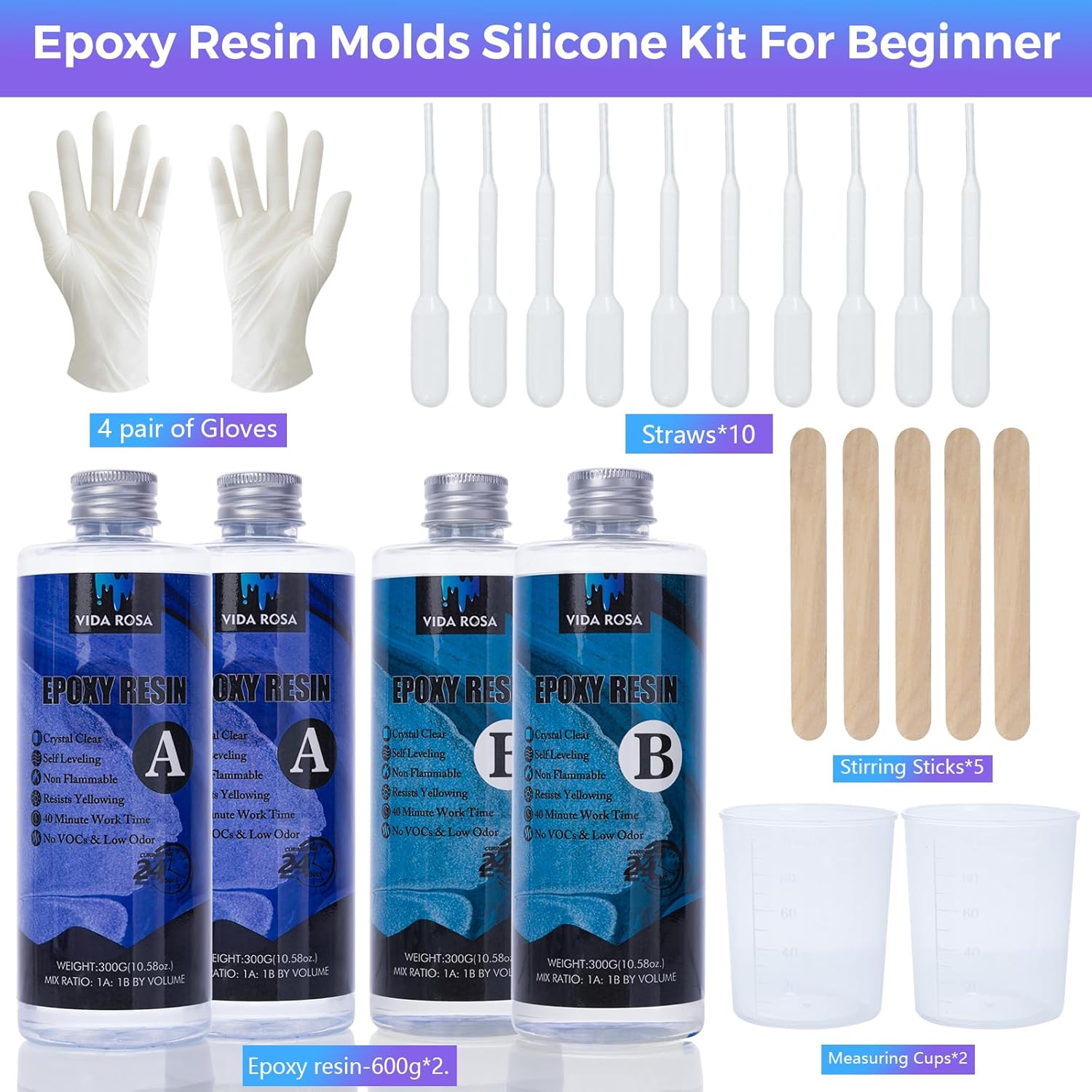 VidaRosa Epoxy Resin Kits for Beginners，1200ml/ 42.32oz Crystal Coating for Art, Craft, Jewelry Making, River Tables,4 Gloves, 2 Measuring Cup and 5 Wooden Sticks
