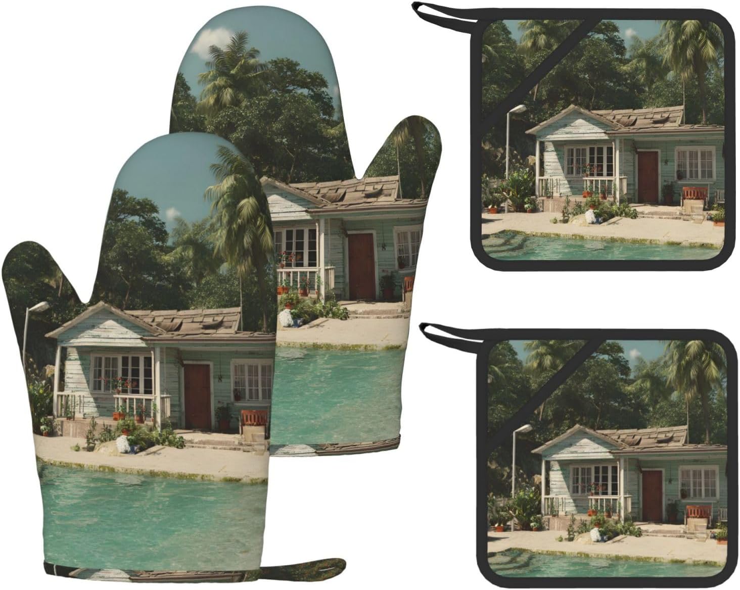 Palm Trees 4pcs Oven Mitts and Pot Holders Sets for Kitchen, Silicone Oven Gloves Non-Slip Potholders Hot Pads for Baking Cooking