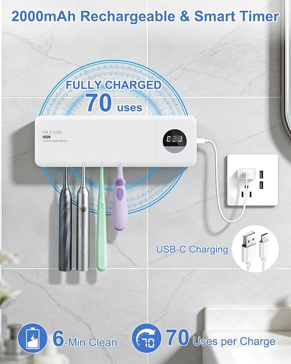 UV Toothbrush Holder, Electric Toothbrush Holder Wall Mounted for 4 Slots, Smart Toothbrush Holder with Timer and Cover, Cordless Organizer for Bathroom, Toothbrush & Razor -White