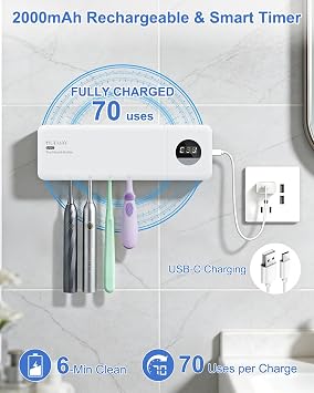 UV Toothbrush Holder, Electric Toothbrush Holder Wall Mounted for 4 Slots, Smart Toothbrush Holder with Timer and Cover, Cordless Organizer for Bathroom, Toothbrush & Razor -White