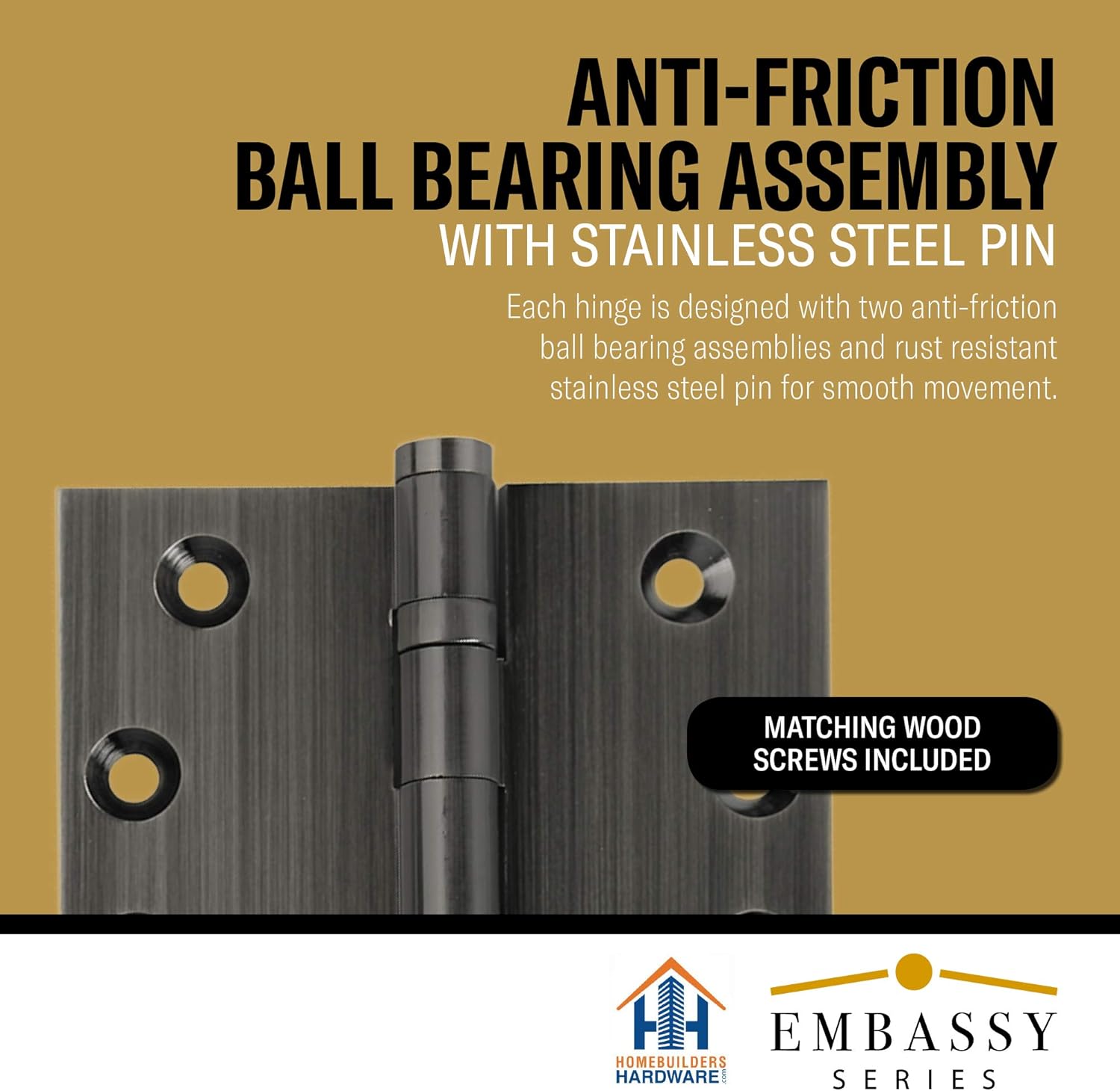 Embassy Solid Brass Door Hinges - 3.5 x 3.5 Inch, Heavy Duty, Pewter, Ball Bearings, Rust Resistant Stainless Steel Pin, Architectural Designer Grade, Home Improvement, 2 Pack