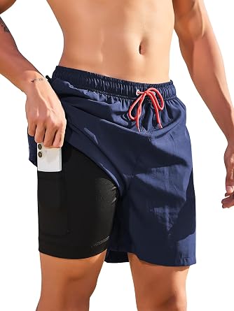 Mens Swim Trunks with Compression Liner Board Shorts with Zipper Pocket