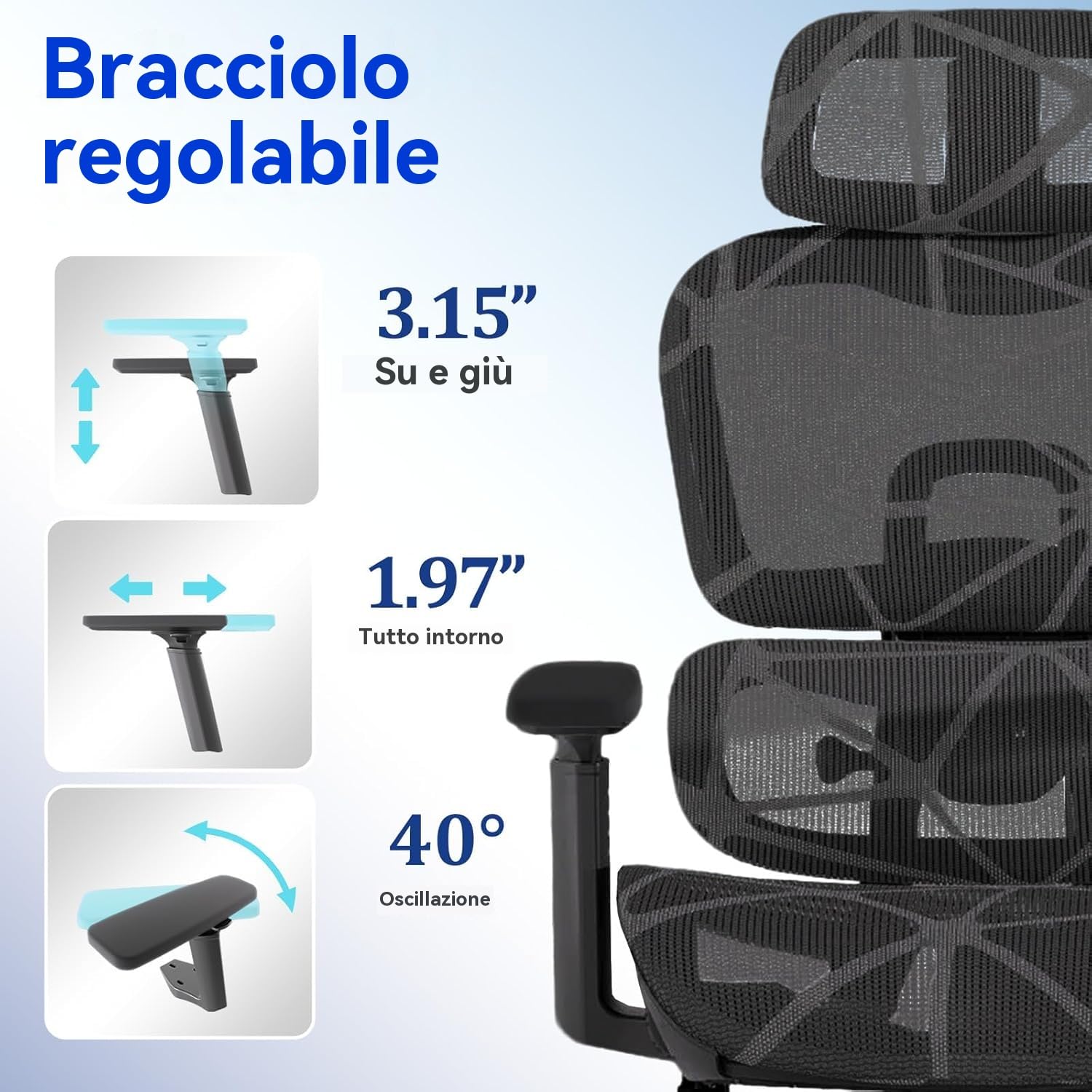 Sedia da Ufficio Ergonomica,Sedia Gaming con Schienale Alto in Rete,Braccioli 3D e Poggiatesta Regolabile,Comoda Sedia da Scrivania con Funzione Ribaltamento per Ufficio Domestico(Nero)