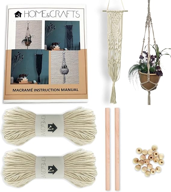 Macrame Kit, DUAL Plant & Wall Hanging Kit - 328 Feet 100M 3mm Macrame Cord with Dowel, Beads and 4 Design Instruction Book, Plant Hanger Kit and Wall Hanging Kit for DIY Crafts, Starter Kit (Natural)