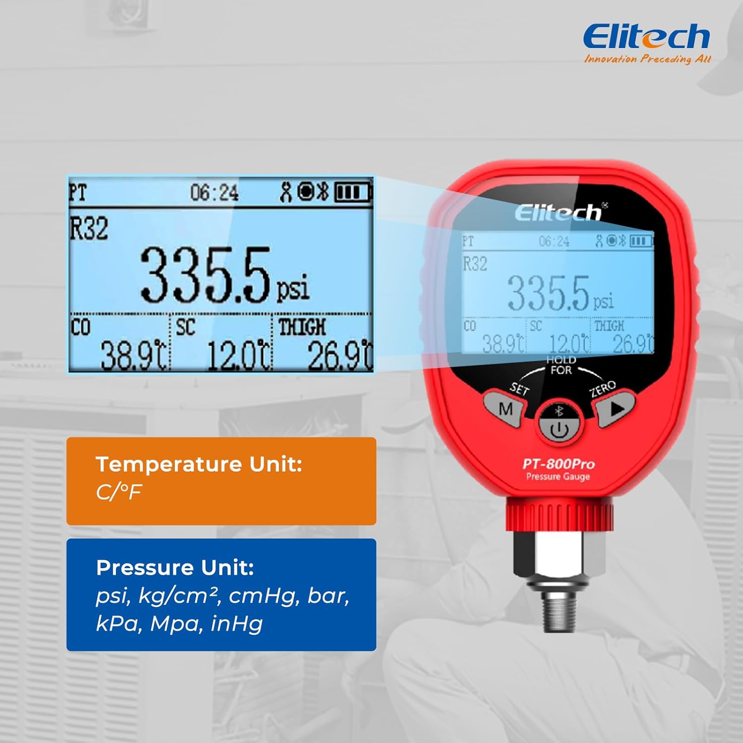 Elitech PT-500/800Pro Wireless Digital Manifold Gauge Set, 2-Valve HVAC Pressure Gauges with 2 Temp Clips for Auto Superheat & Subcooling, Data Logging, R454B R410A Ready, 1/8" NPT w/Case