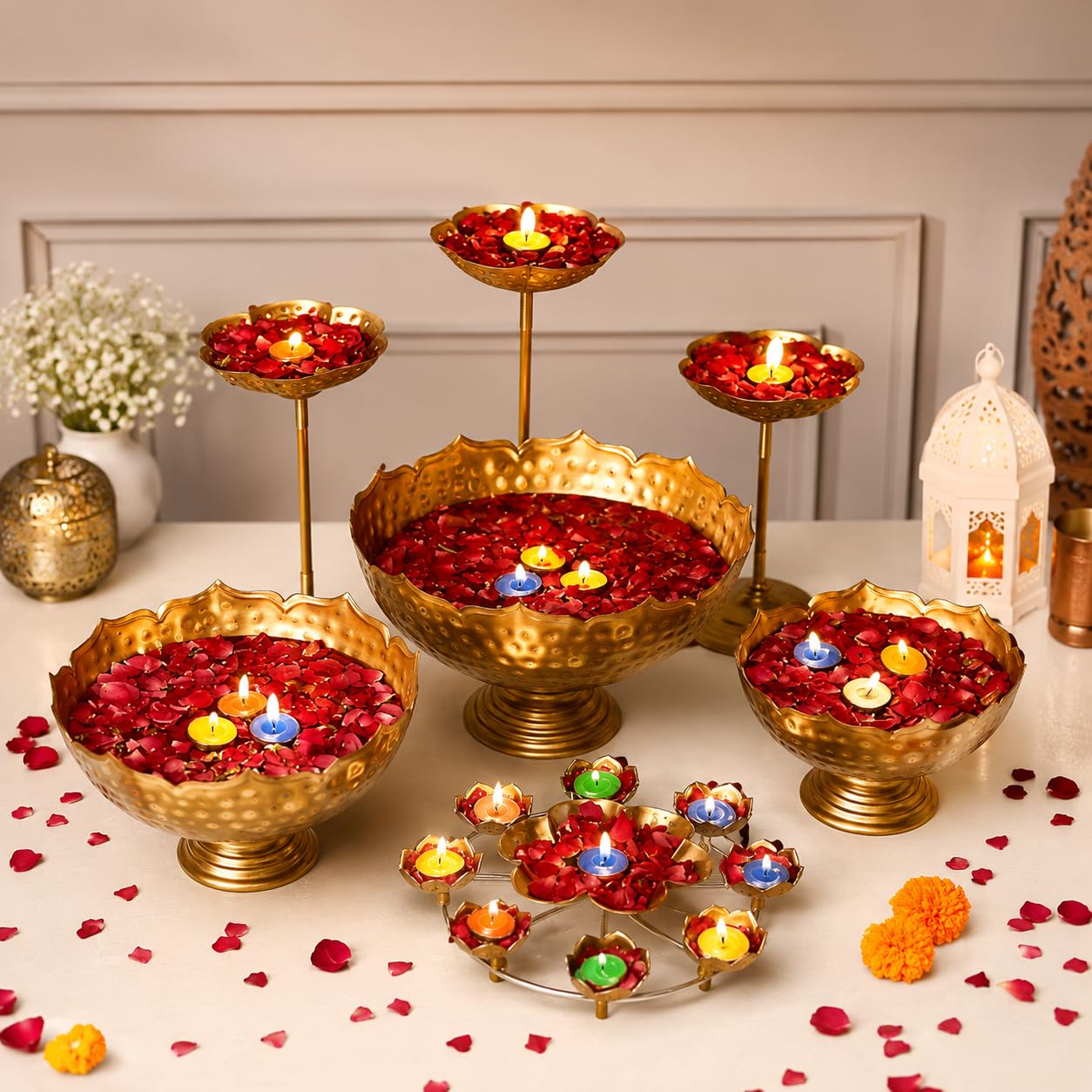 Taj Urli Bowl Decorative Tealight Holder Stand | Set of 9 Candle Stand for Diwali & Pooja Decoration | Floating Diya Stand for Home D?cor