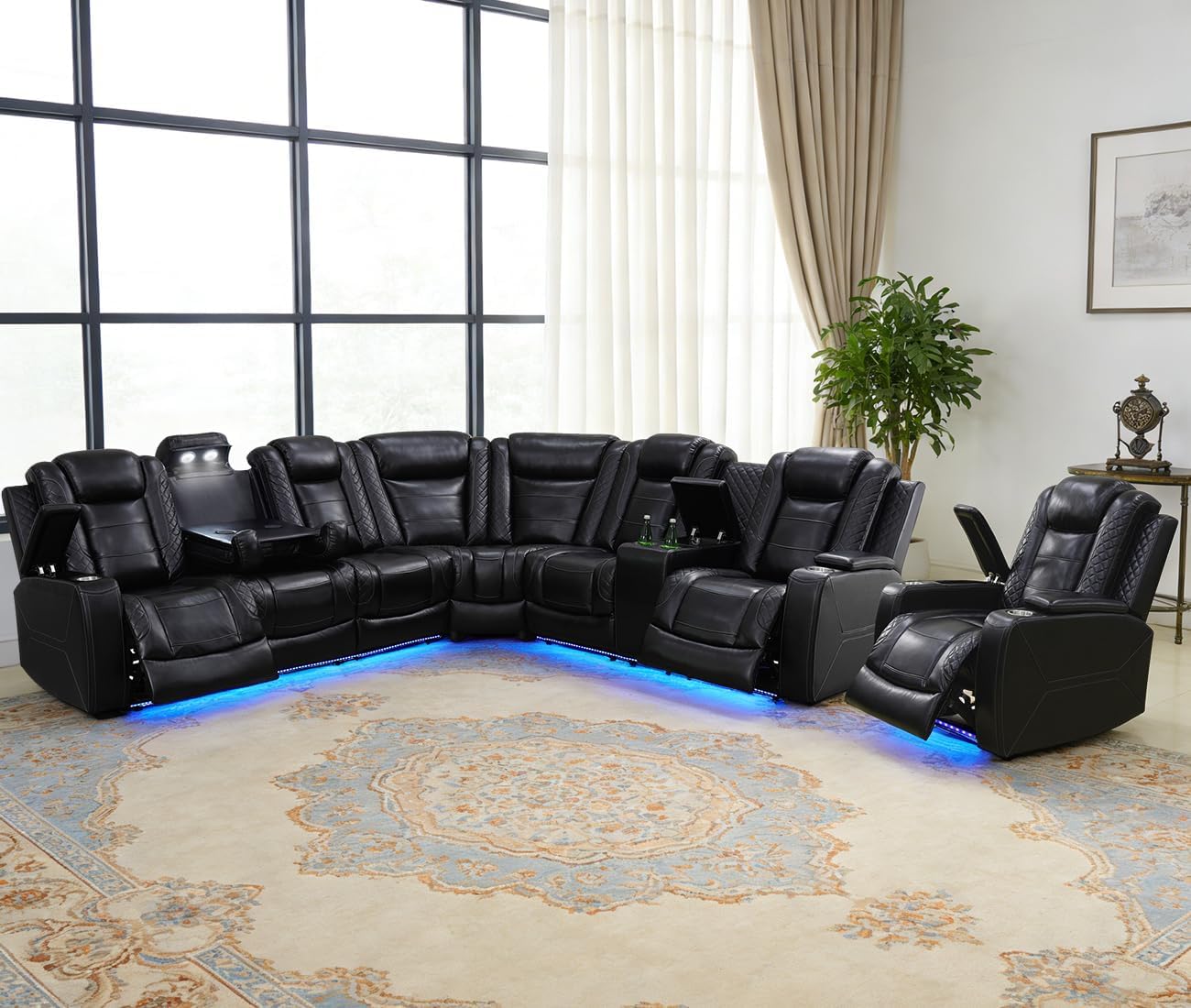 Power Reclining Sectional Sofa Set, Living Room Furniture Sets, Modern L Shape Recliner Sectional, 5 Seat Breathing Leather Recliner Couch with Storage Console, LED, Charging for Home/Office