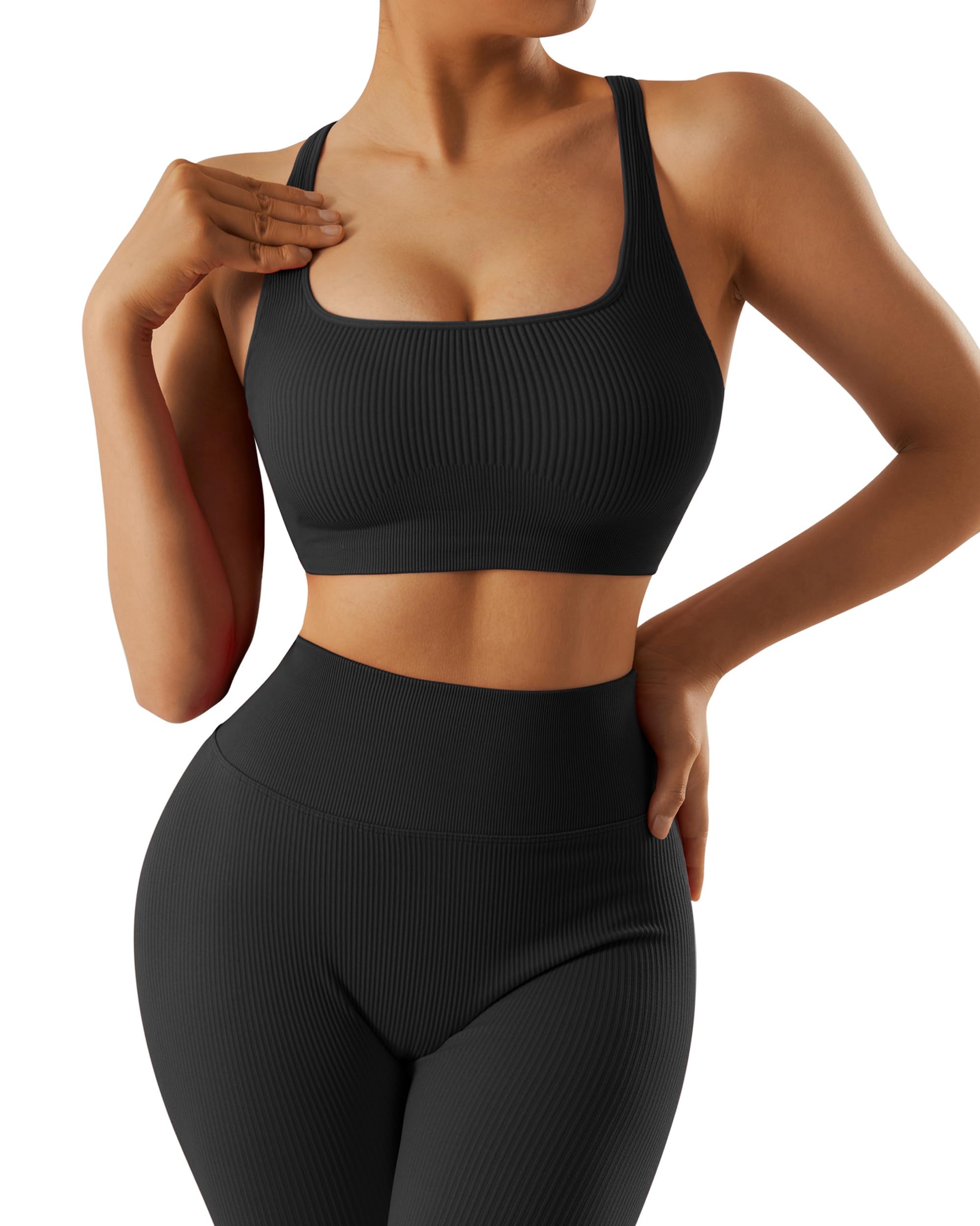 RXRXCOCO Conjunto de deporte acanalado para mujer, conjunto de entrenamiento para gimnasio, espalda descubierta, parte superior sin costuras, leggings para fitness