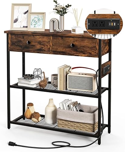 Miniatura 10 de GOFLAME Mesa consola con toma de corriente, mesa de entrada estrecha con cajones, 2 salidas de CA y 2 puertos USB, mesa de sofá para sala de estar