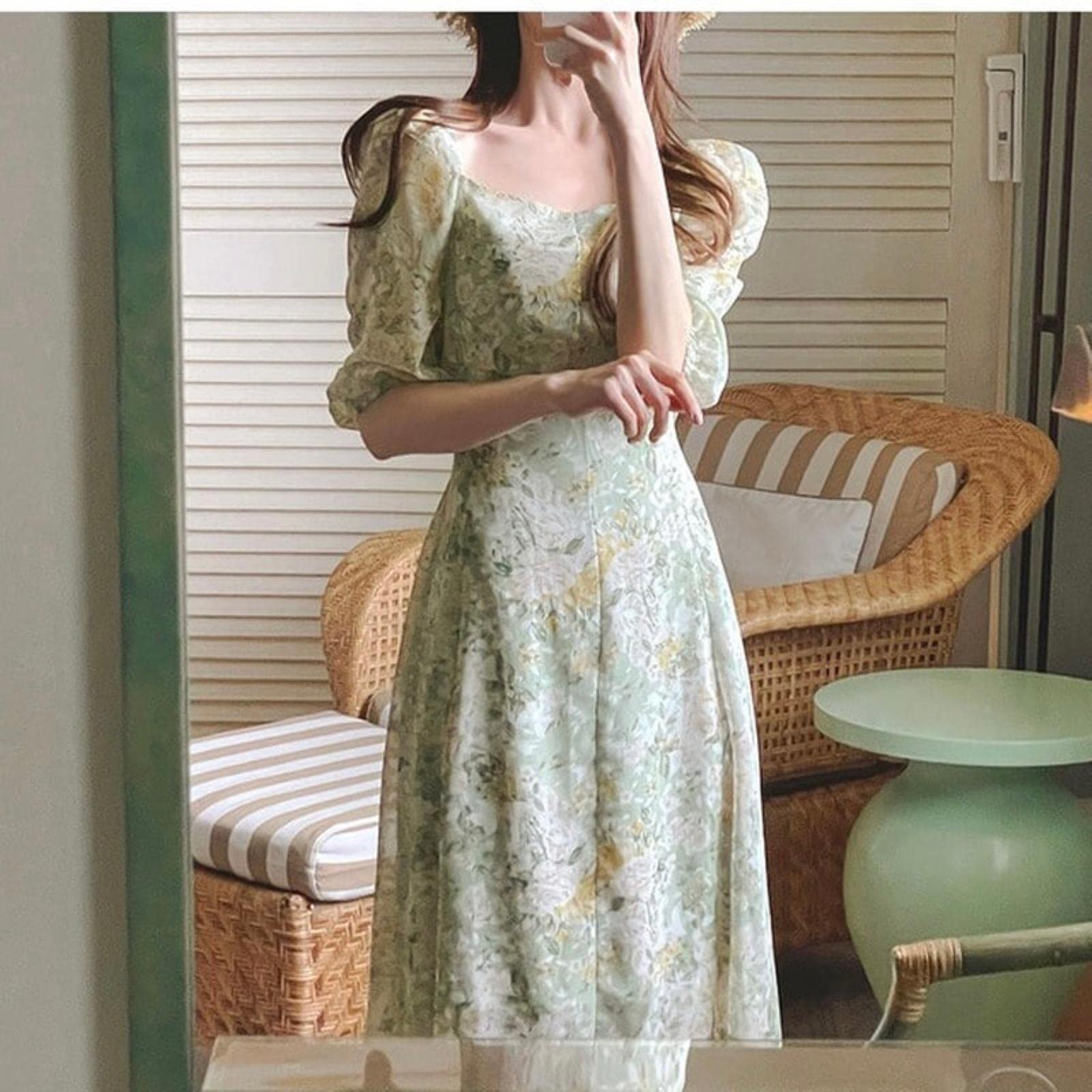 CHOUX Korean version of temperament self-cultivation high waist square neck  floral chiffon dress women's short sleeve fashion-photo,XL : Amazon.co.uk:  ...