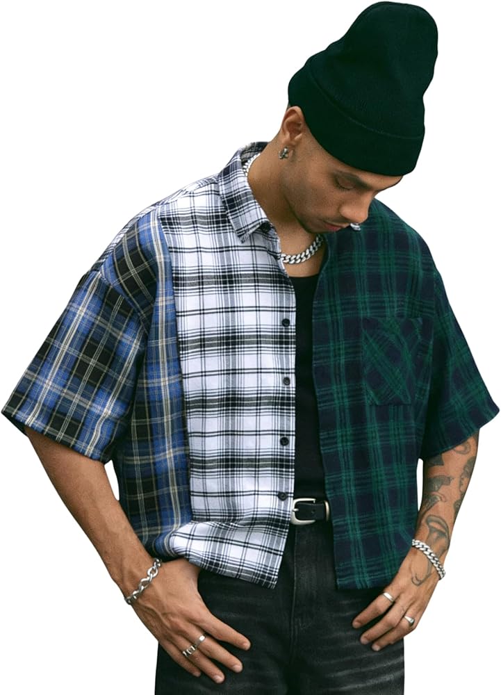 Amazon.com: Verdusa Men's Plaid Checkered Cropped Shirt Button Up