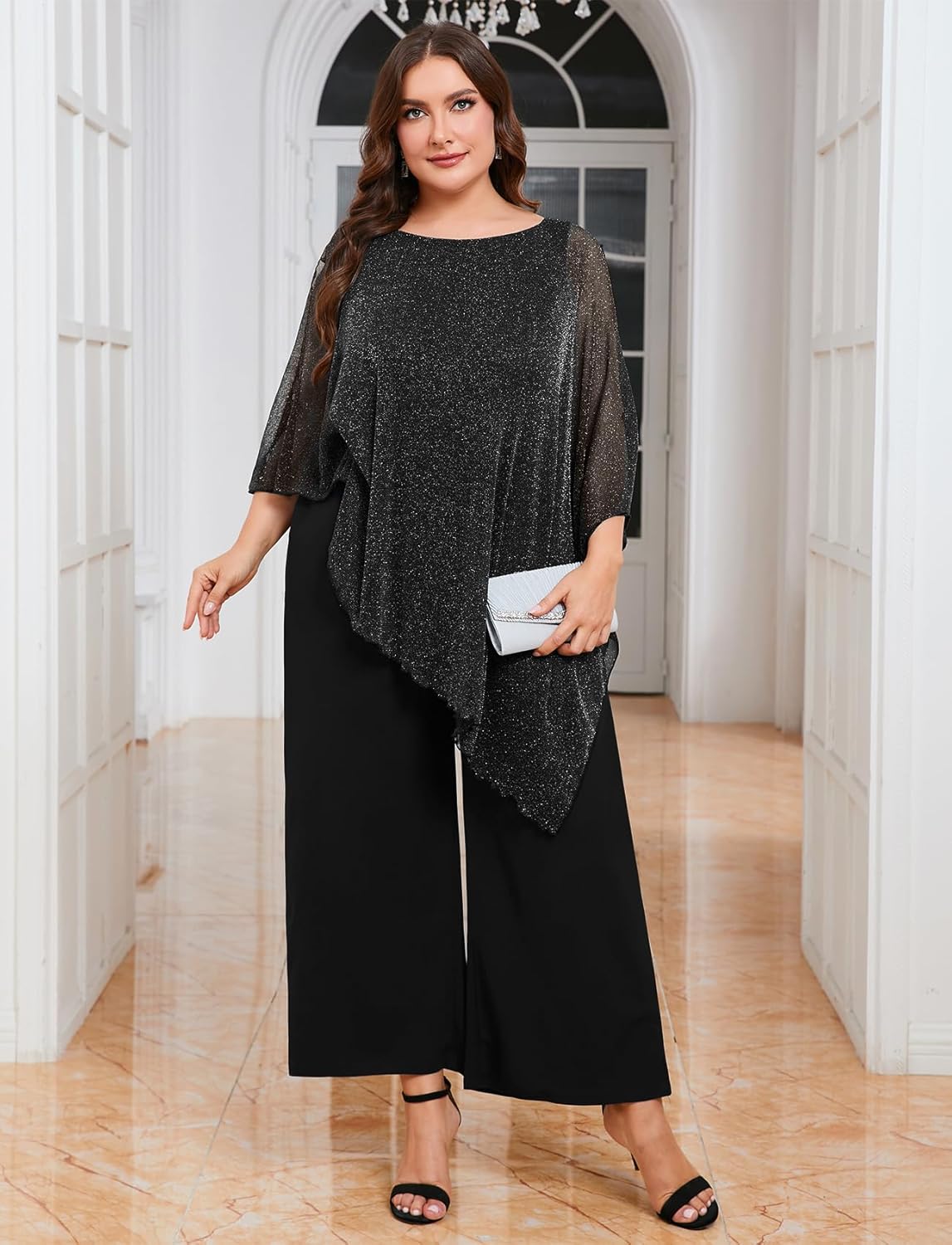 ZOMVA Plus Size Mother of The Bride Pant Suits Dressy 2 Piece Asymmetric Cape Set with Pockets Wedding Guest Outfit - Image 3