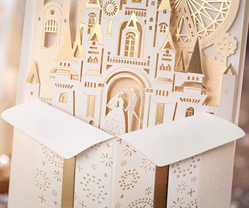 Miniatura 8 de Hosmsua Kit de 50 invitaciones de boda en blanco dorado claro de 4.1 x 8.5 pulgadas, corte láser 3D, castillo, novia y novio, invitación de boda con