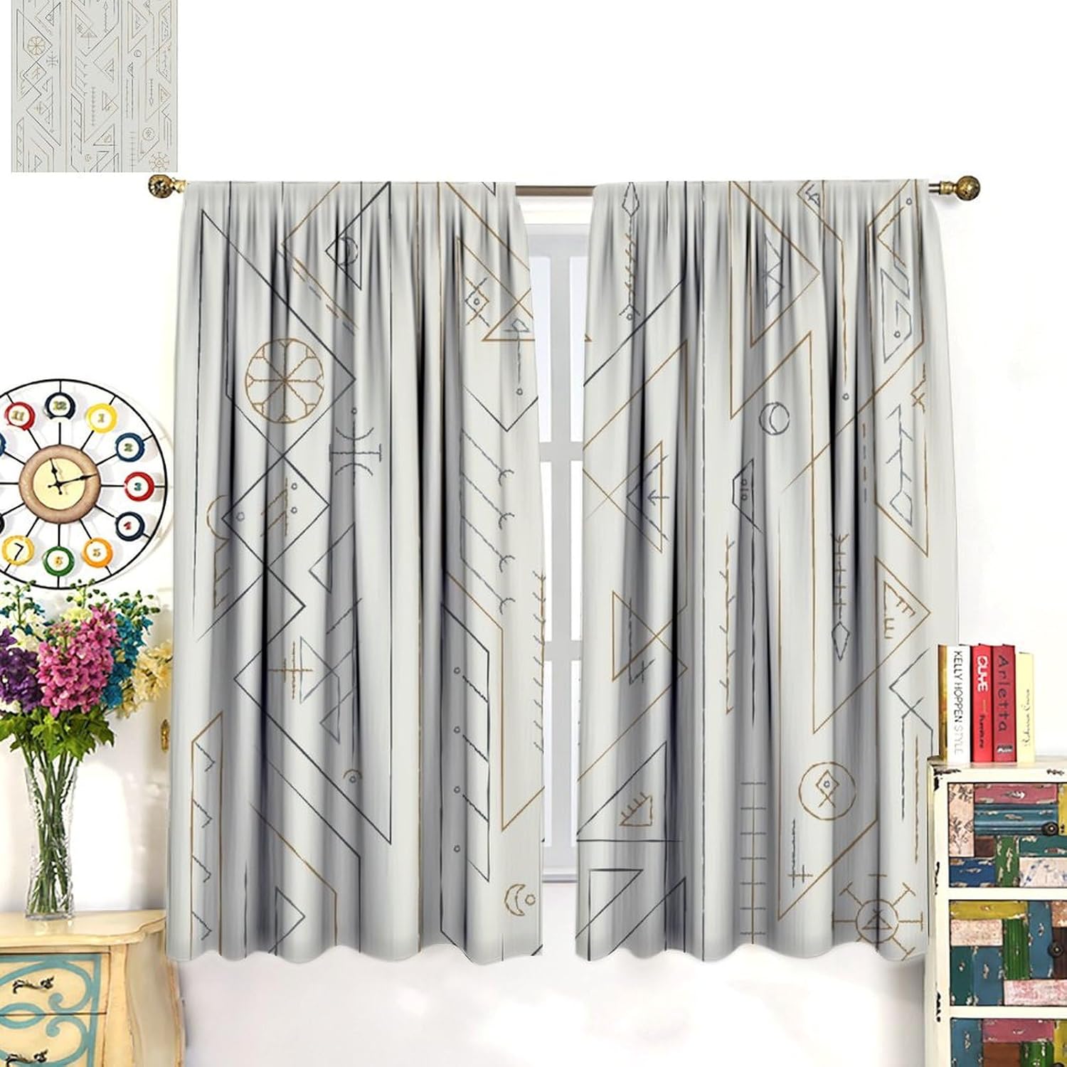 Viking Window Curtains for Bedroom,White Vintage Tribe Mystic Totem Ancient Rune Print Window Treatments for Living Room Kitchen Drapes 2 Panel Set,Total Size 42" x 45"