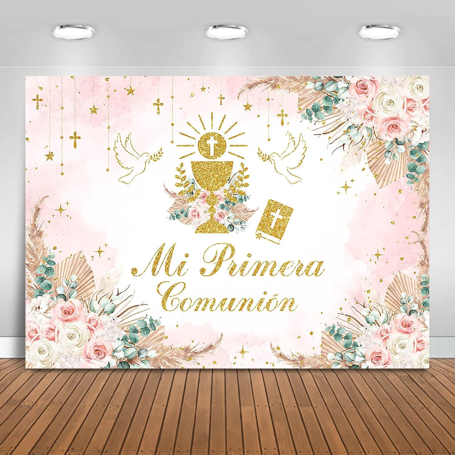 Boho God Bless Baptism Backdrop 7x5ft Pink Mi Primera Comunion Background