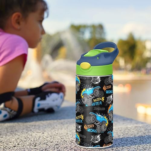 Miniatura 6 de Monster Truck - Neumáticos aislados de acero inoxidable para niños pequeños, taza de acero con popote y asa, tazas para niños y niñas, escuela,