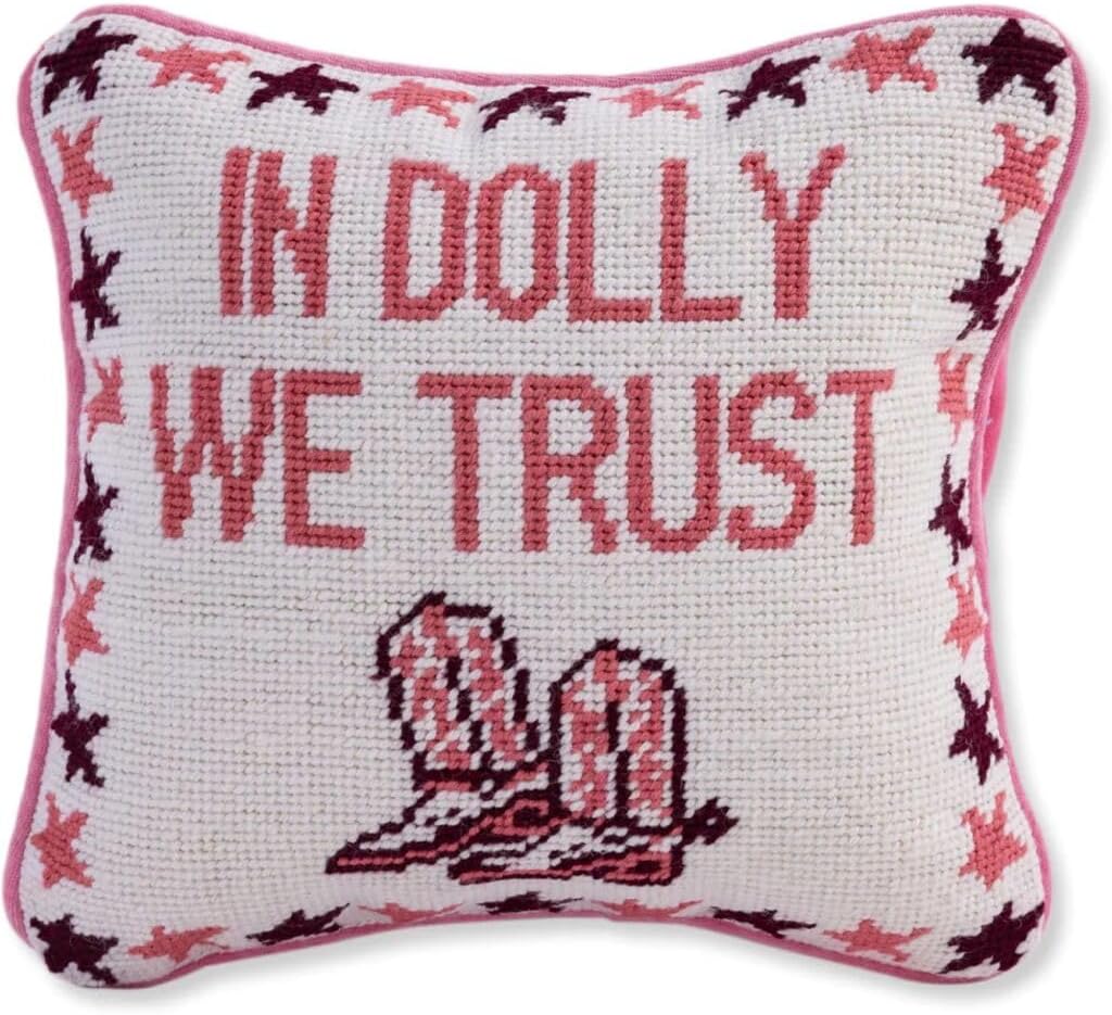 FURBISH Needlepoint Decorative Throw Pillow - Trust Dolly - 11" x 11" - Small Embroidered Accent Pillow for Bed, Chair, Couch, Sofa - Eclectic Home Decor
