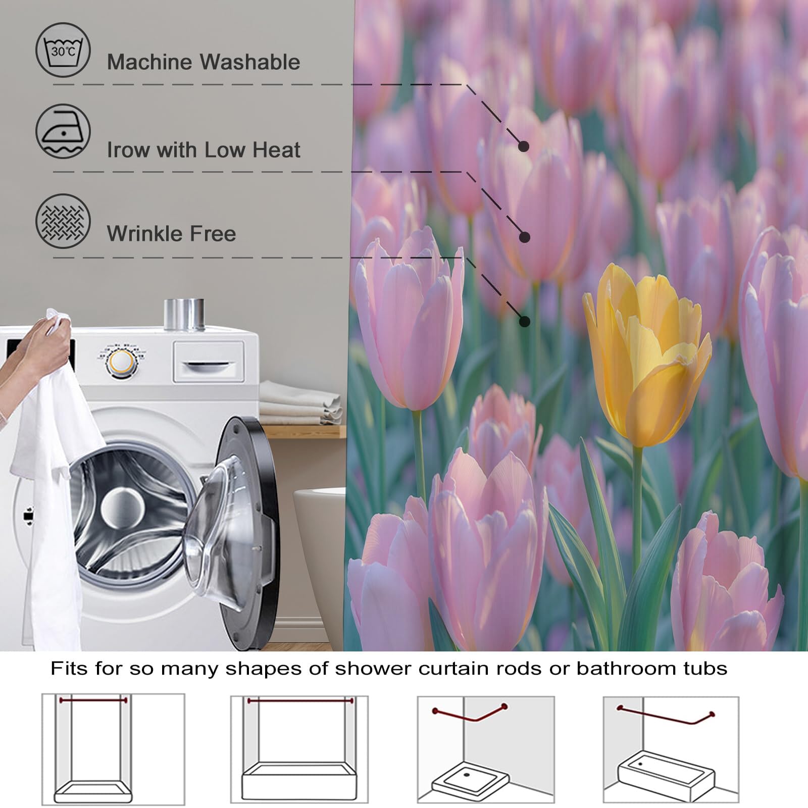 Rideau Douche,Rideau Baignoire Lavable en Machine Rideaux Douche Tissus Lavable Rideau De Baignoire Lavable pour Salle De Bain Domicile Baignoire Famille,Champs De Tulipes,