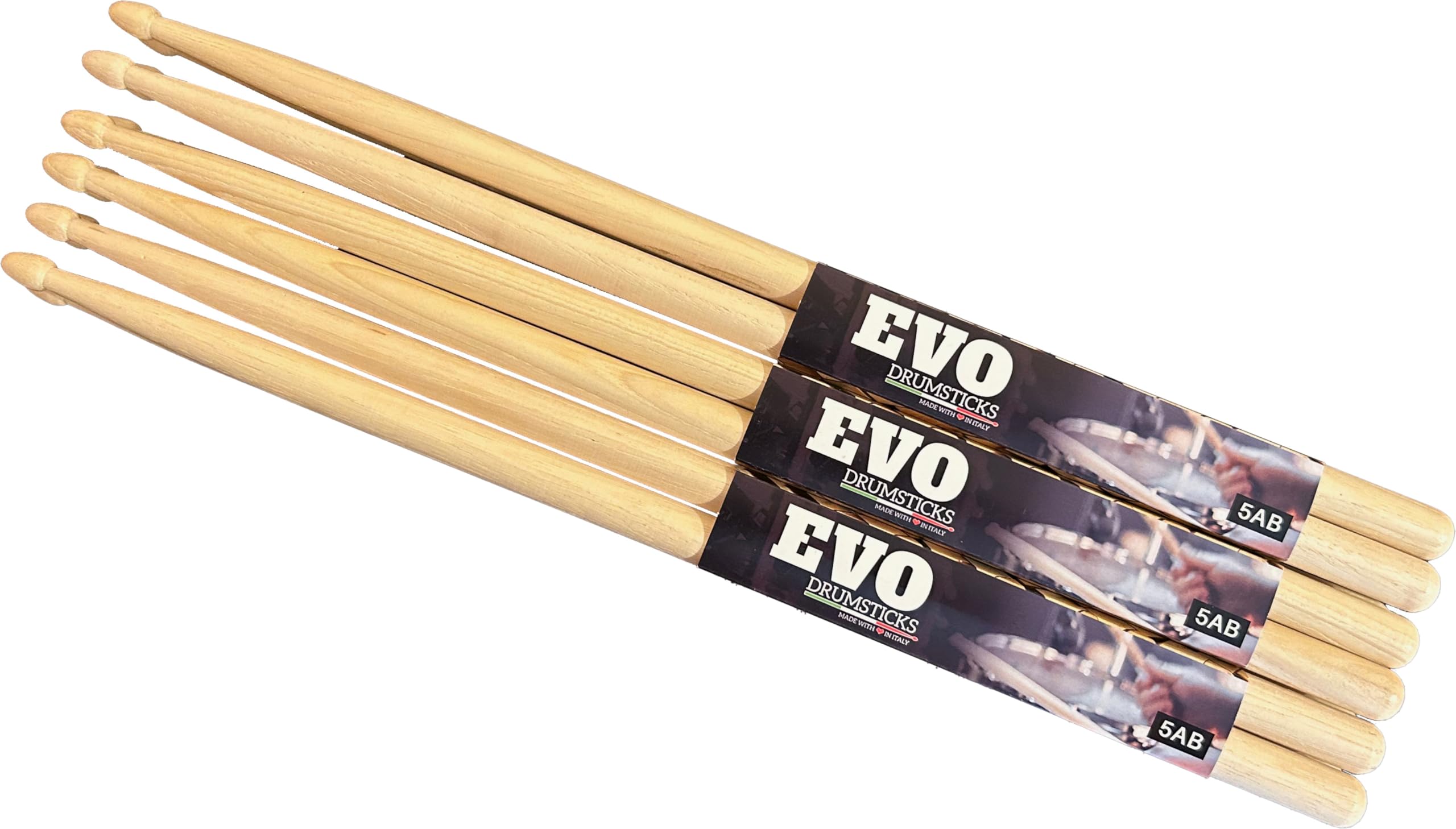 Bacchette per batteria professionali modello 5AB in hickory, noce americano con punta in legno, punta a ghianda, legno a stagionatura naturale, made in Italy - 6 pair pack
