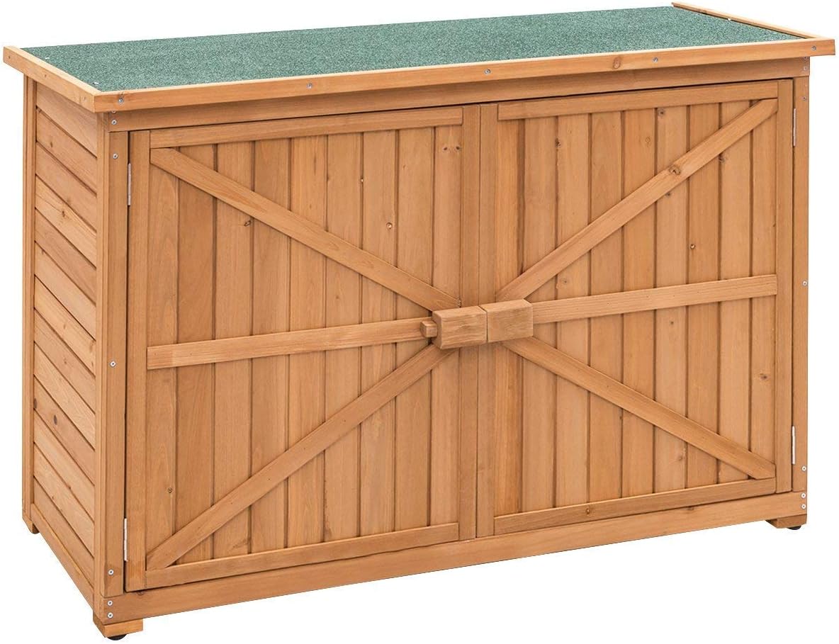 Goujxcy Wooden Garden Shed Outdoor Storage Shed Cabinet Fir Wood Double Door Yard Locker with Workstation