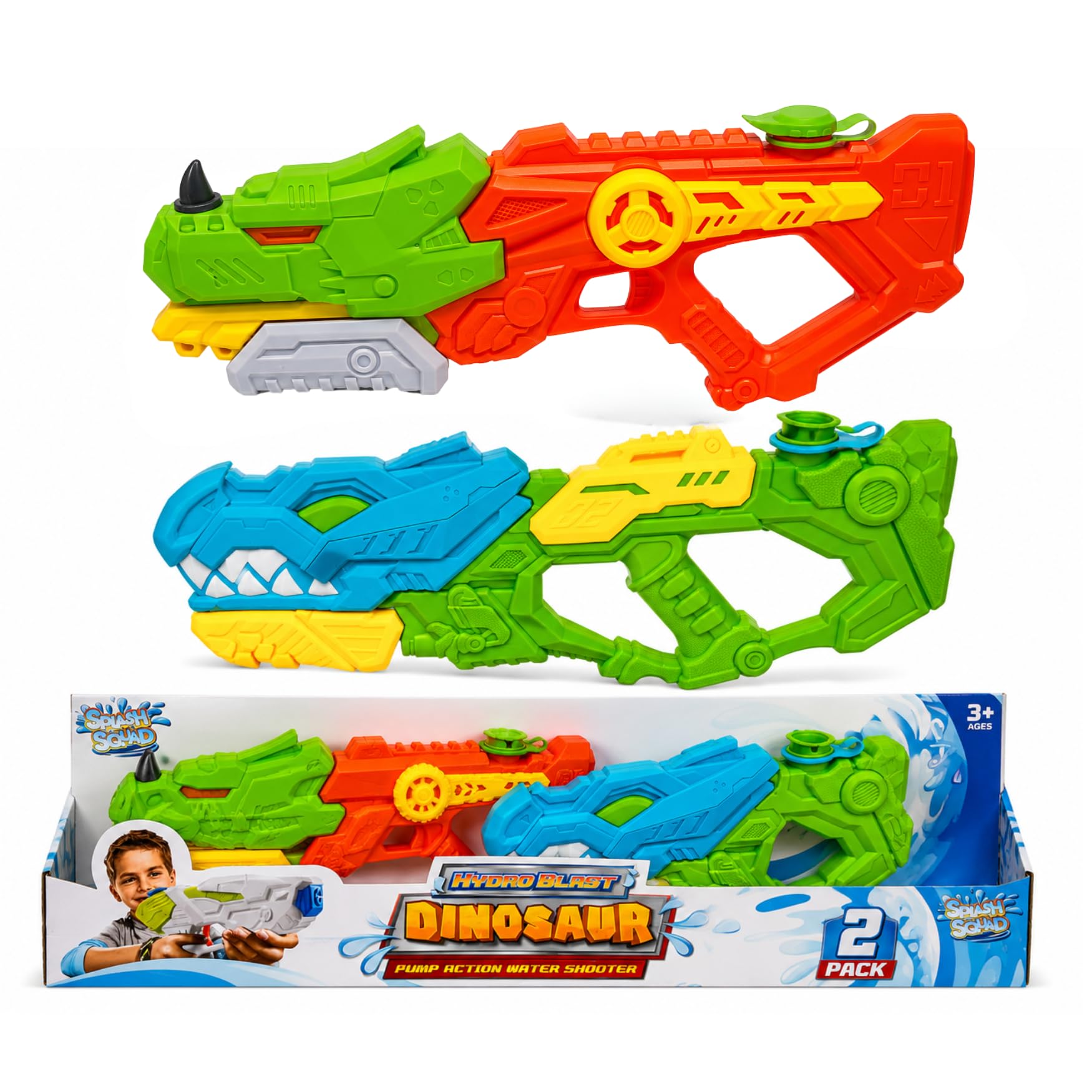 51cm XL Splash Squad Hydro Blast Dinosaur Pump Action Water Guns 1000ml Tank 9-10m Range Large Water Blasters Water Pistols for Kids Garden Beach Pool Summer Toys -Pack of 2