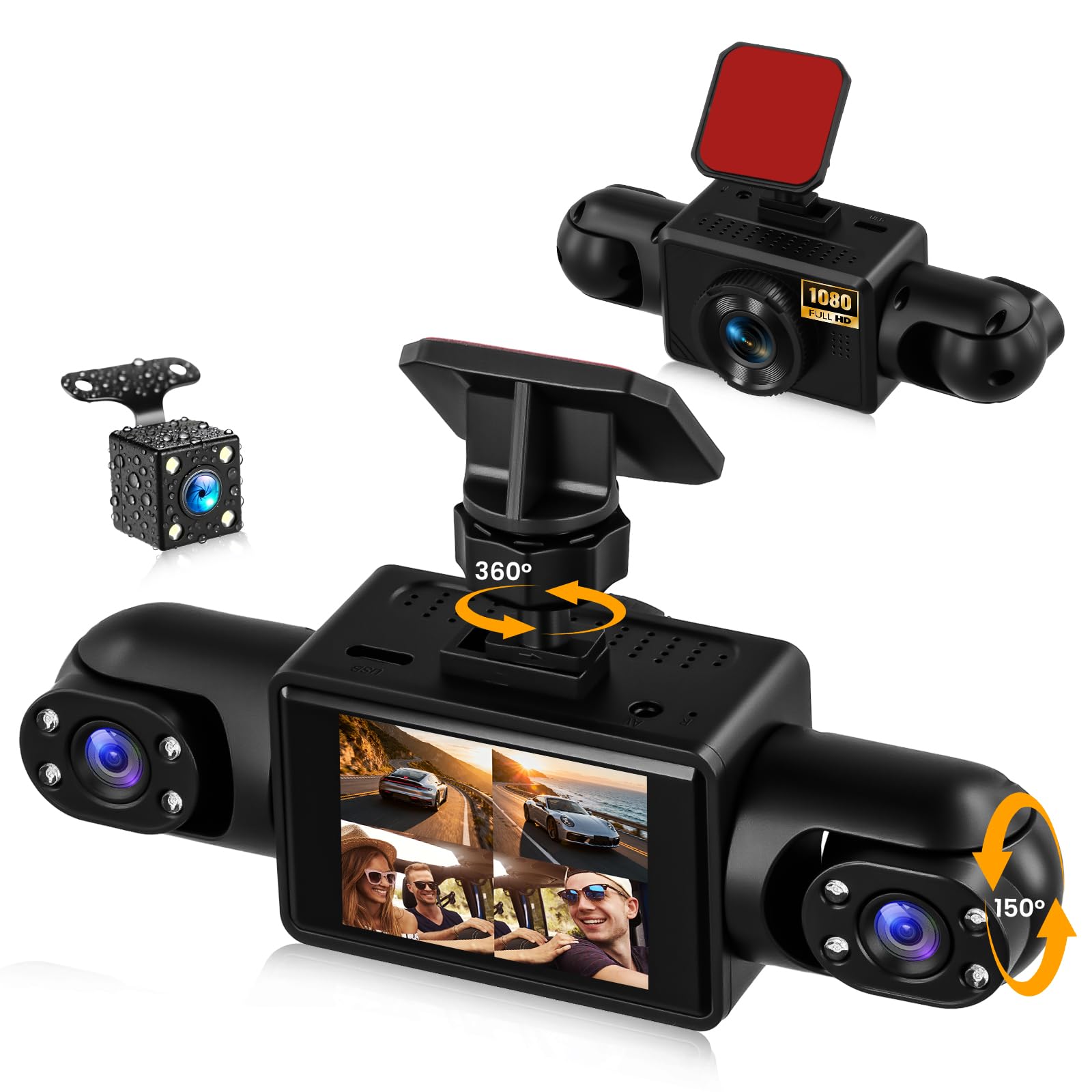 SIXWIN 4-Kanal 1080PDashcam Auto 360 Grad,2 Zoll Display mit 4 Auto Kameras,Front in 1080P+3 * 480P,Loop-Aufnahme,Nachtsicht, WDR,Bewegungserkennung, Einfache Montage