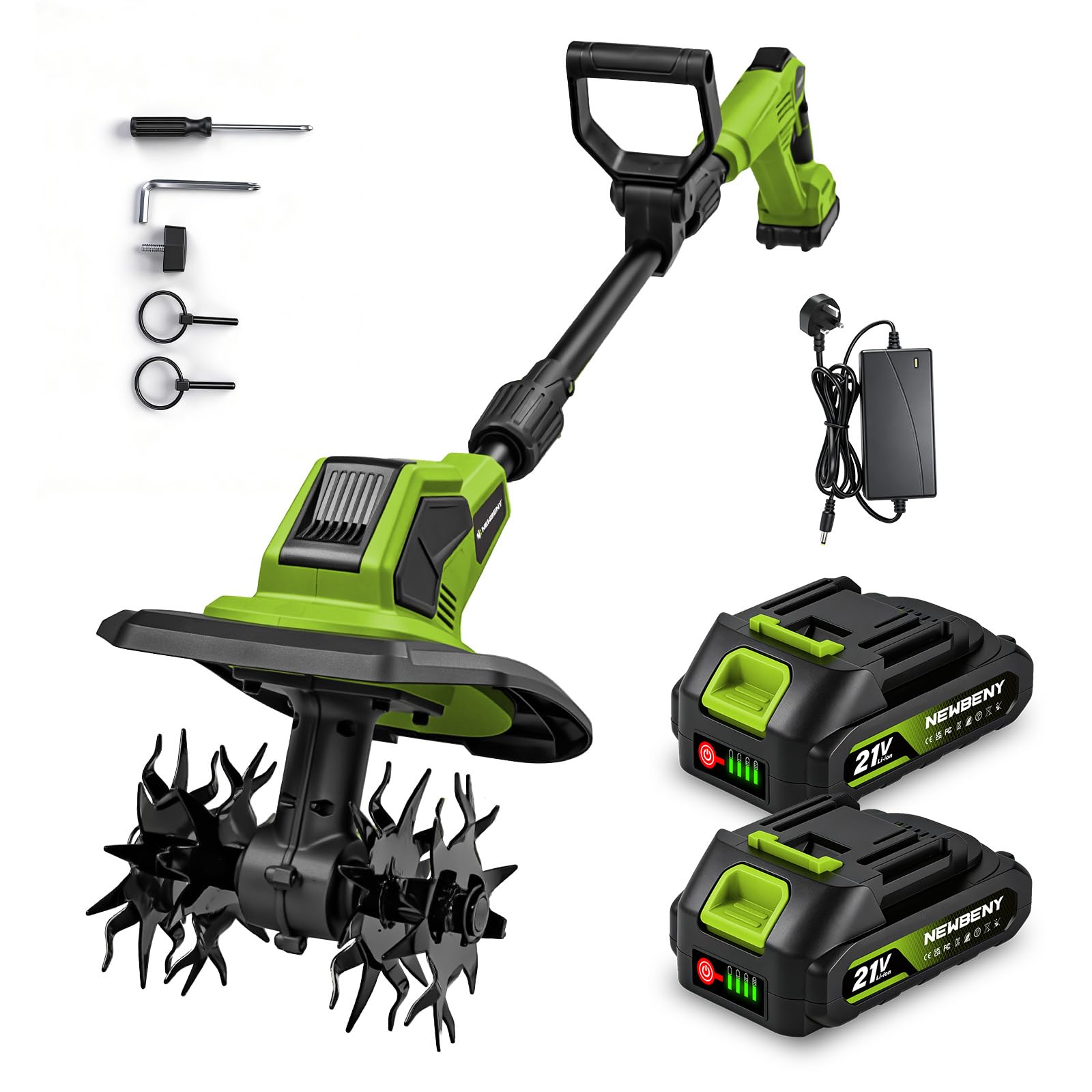 NewBeny Cordless Tiller with 2 x 2.0Ah Batteries, Garden Rotavator with 4 Sets of Steel Blades, 23cm Width & 17cm Depth Tiller and Cultivators for Weeding, Soil Cultivating and Lawns